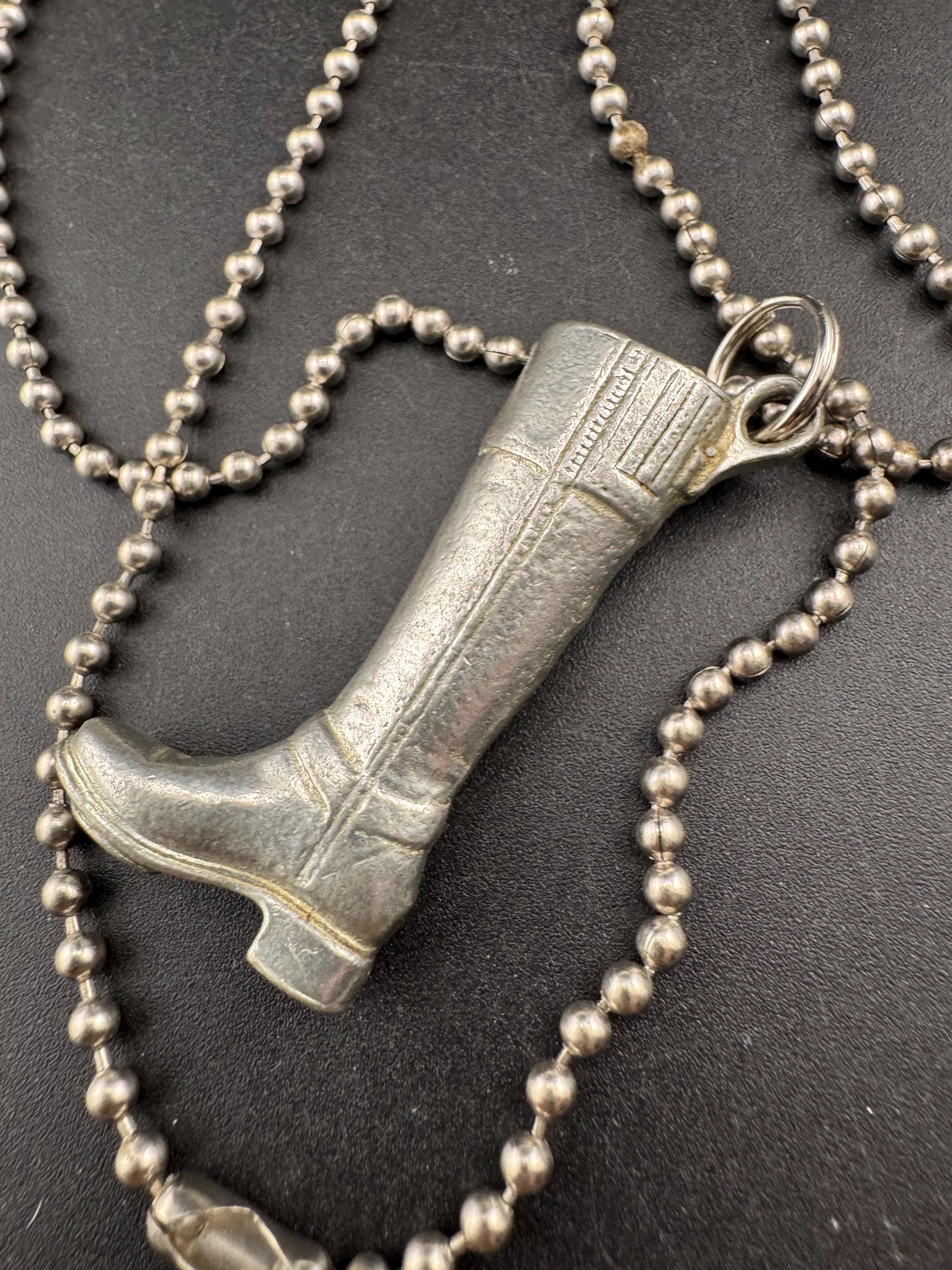 vintage silver riding boot weighty pendant on a 80cm metal ball bead long chain