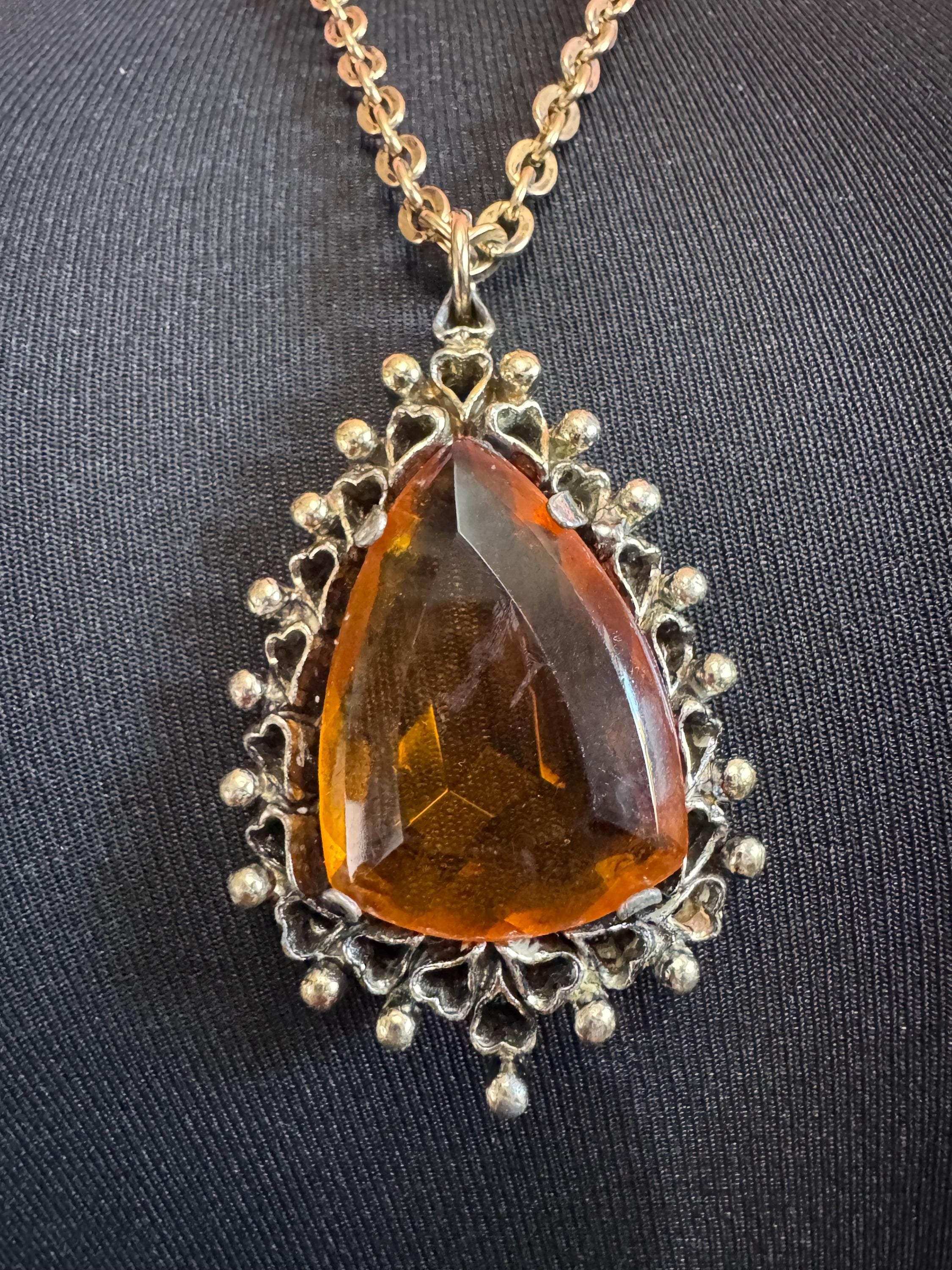 Vintage gold tone orange amber faceted Glass teardrop pendant necklace on 72cm chain