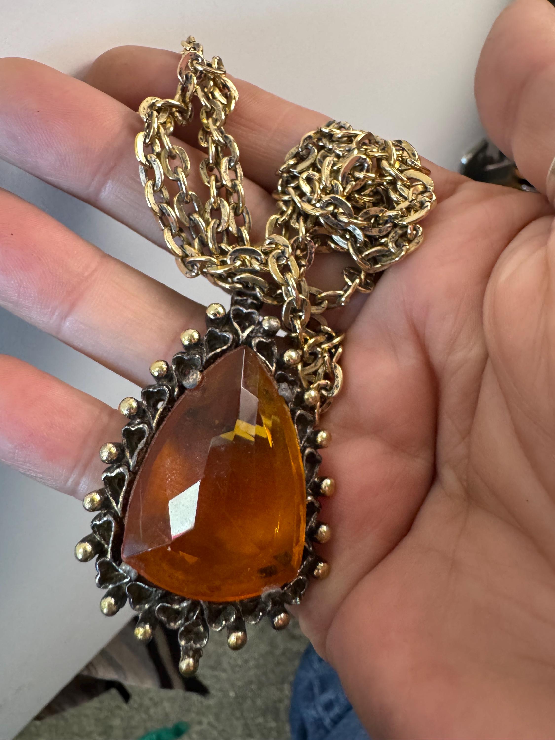 Vintage gold tone orange amber faceted Glass teardrop pendant necklace on 70cm chain