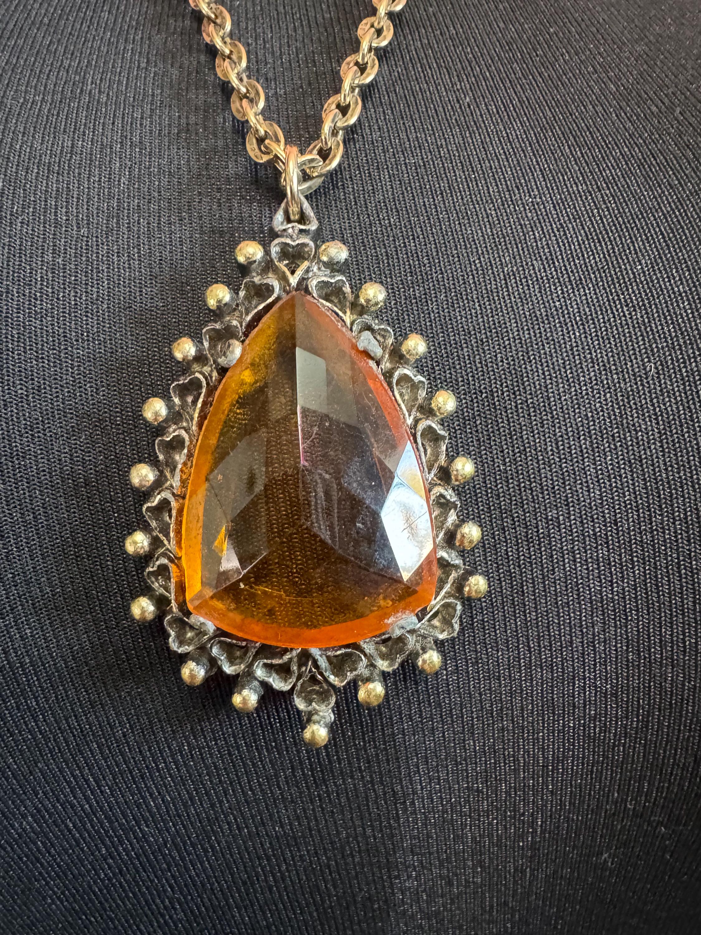 Vintage gold tone orange amber faceted Glass teardrop pendant necklace on 70cm chain