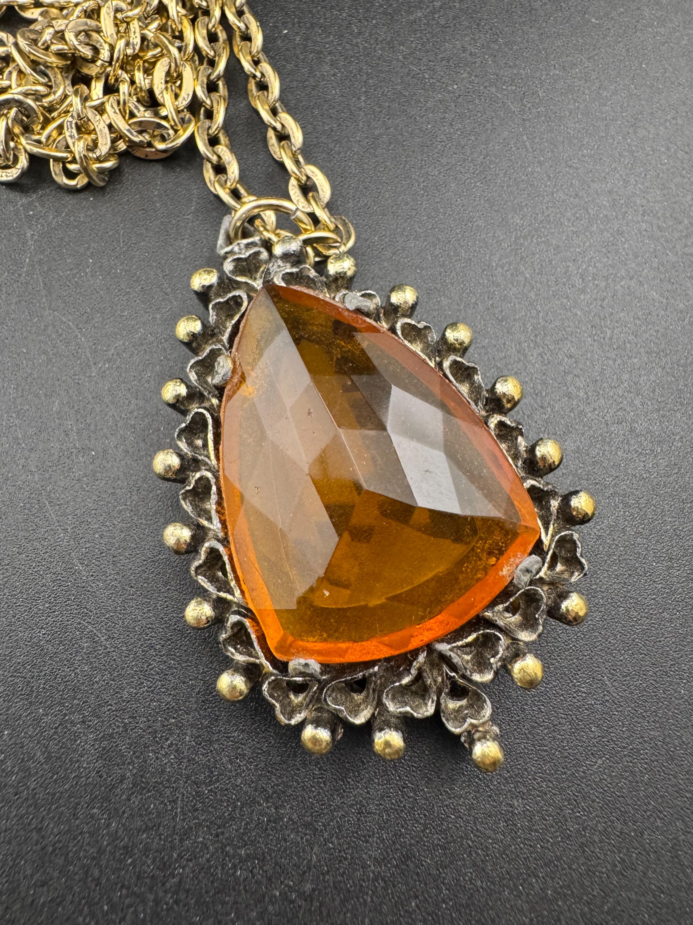 Vintage gold tone orange amber faceted Glass teardrop pendant necklace on 70cm chain