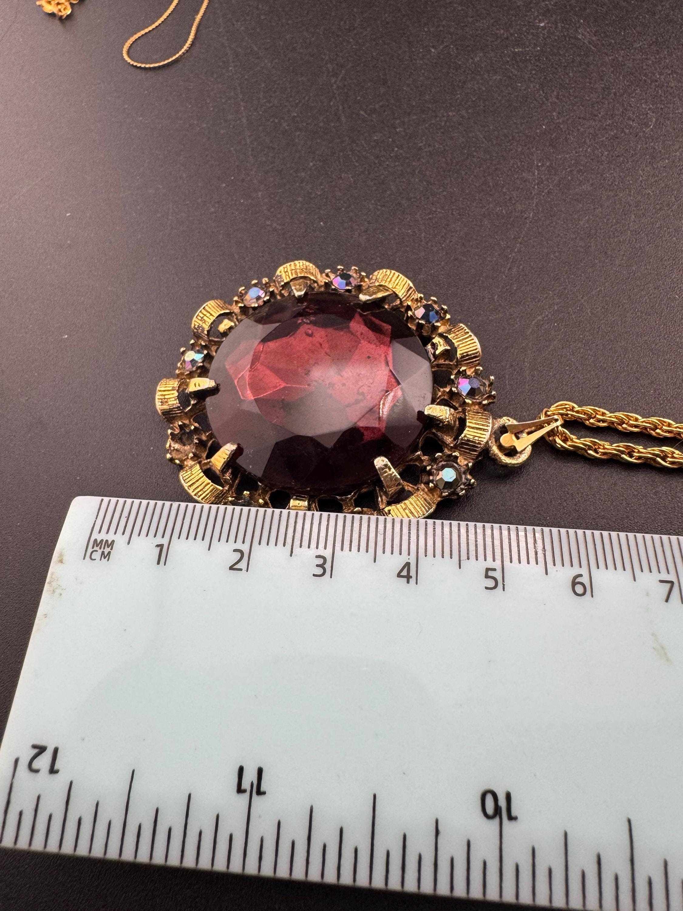 Vintage Purple amethyst Glass gold tone round pendant 1970s brutalist modernist