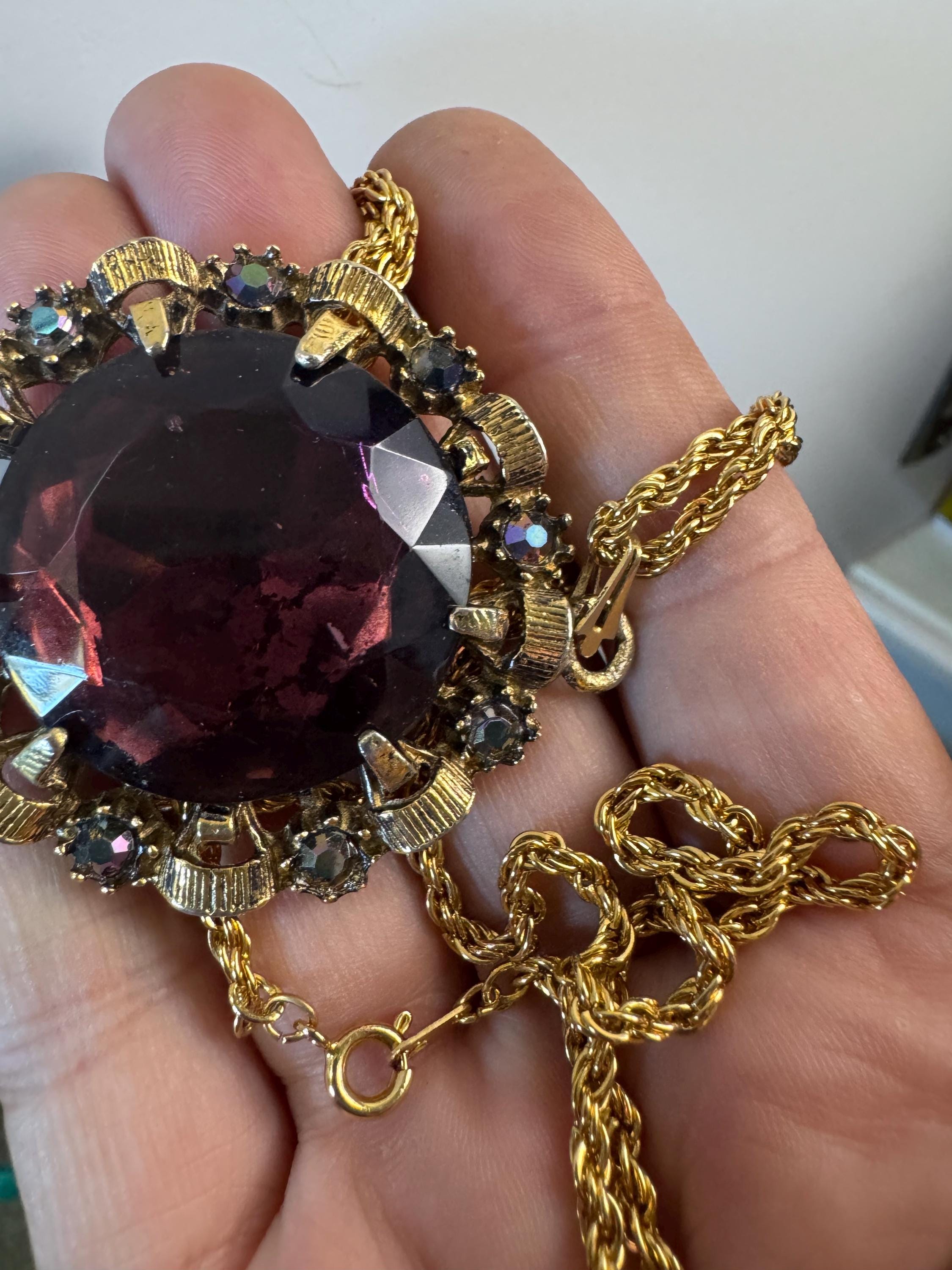 Vintage Purple amethyst Glass gold tone round pendant 1970s brutalist modernist