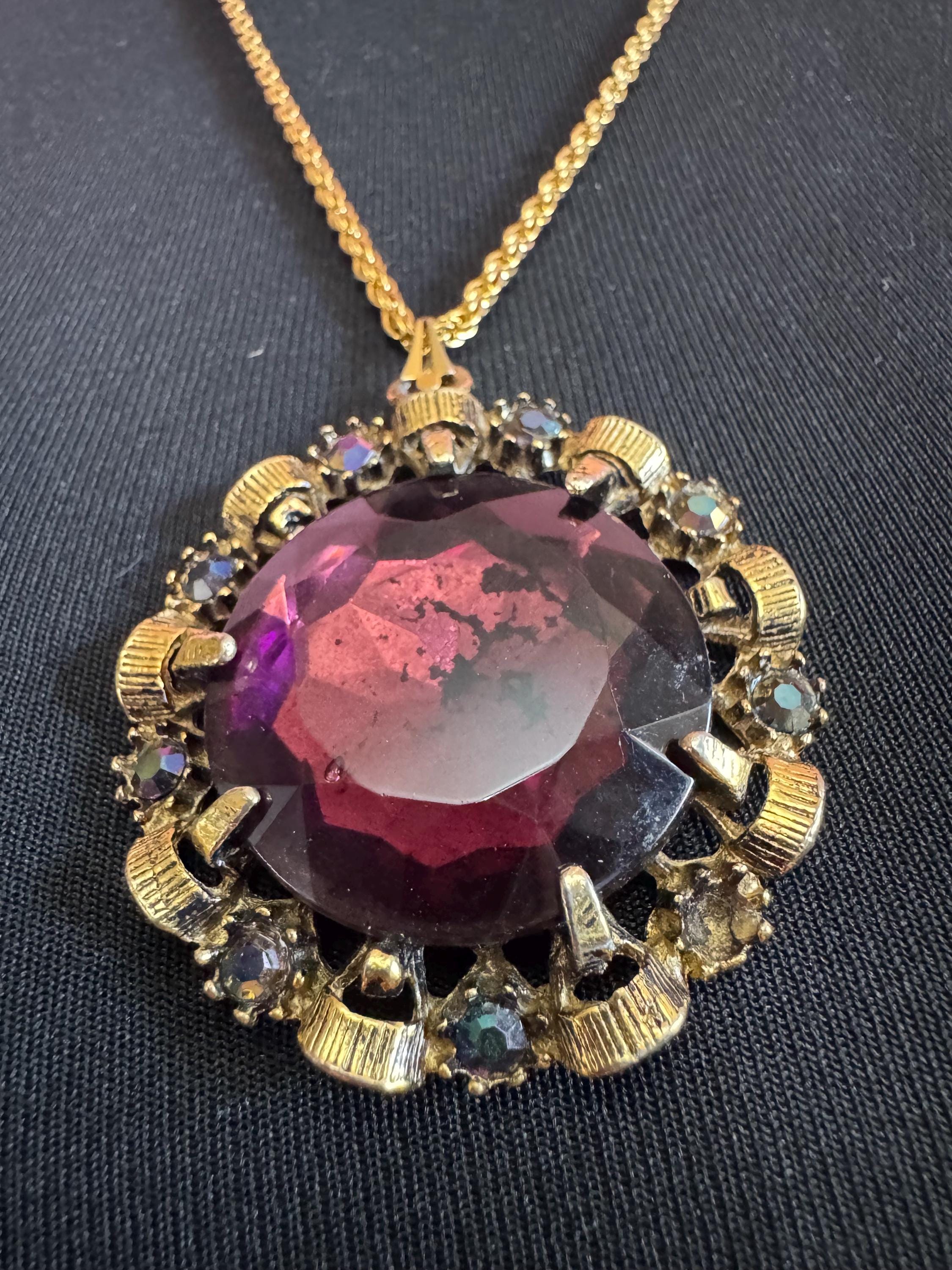 Vintage Purple amethyst Glass gold tone round pendant 1970s brutalist modernist