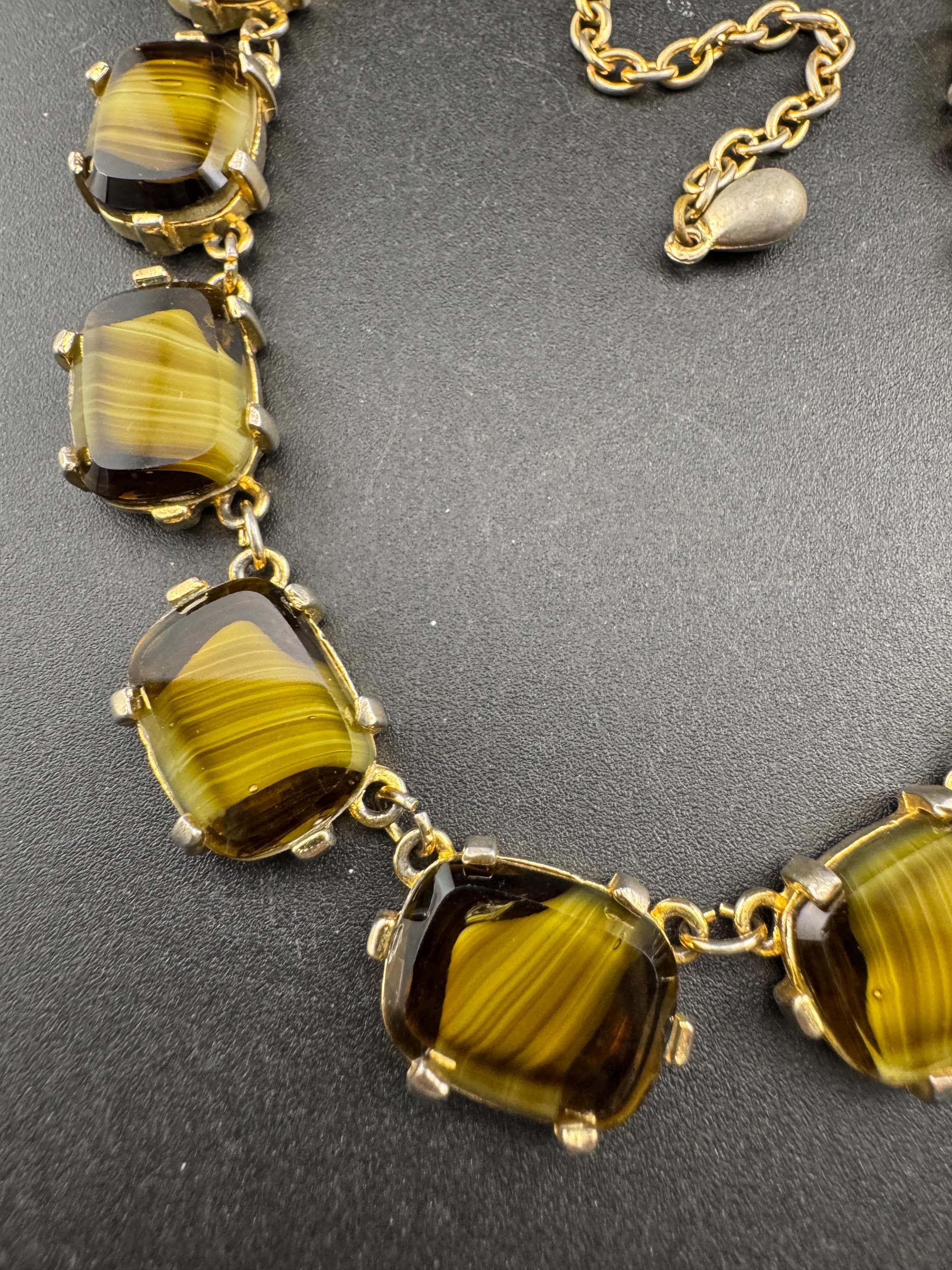 Vintage olive brown marbled glass cabochon panel link necklace mid century