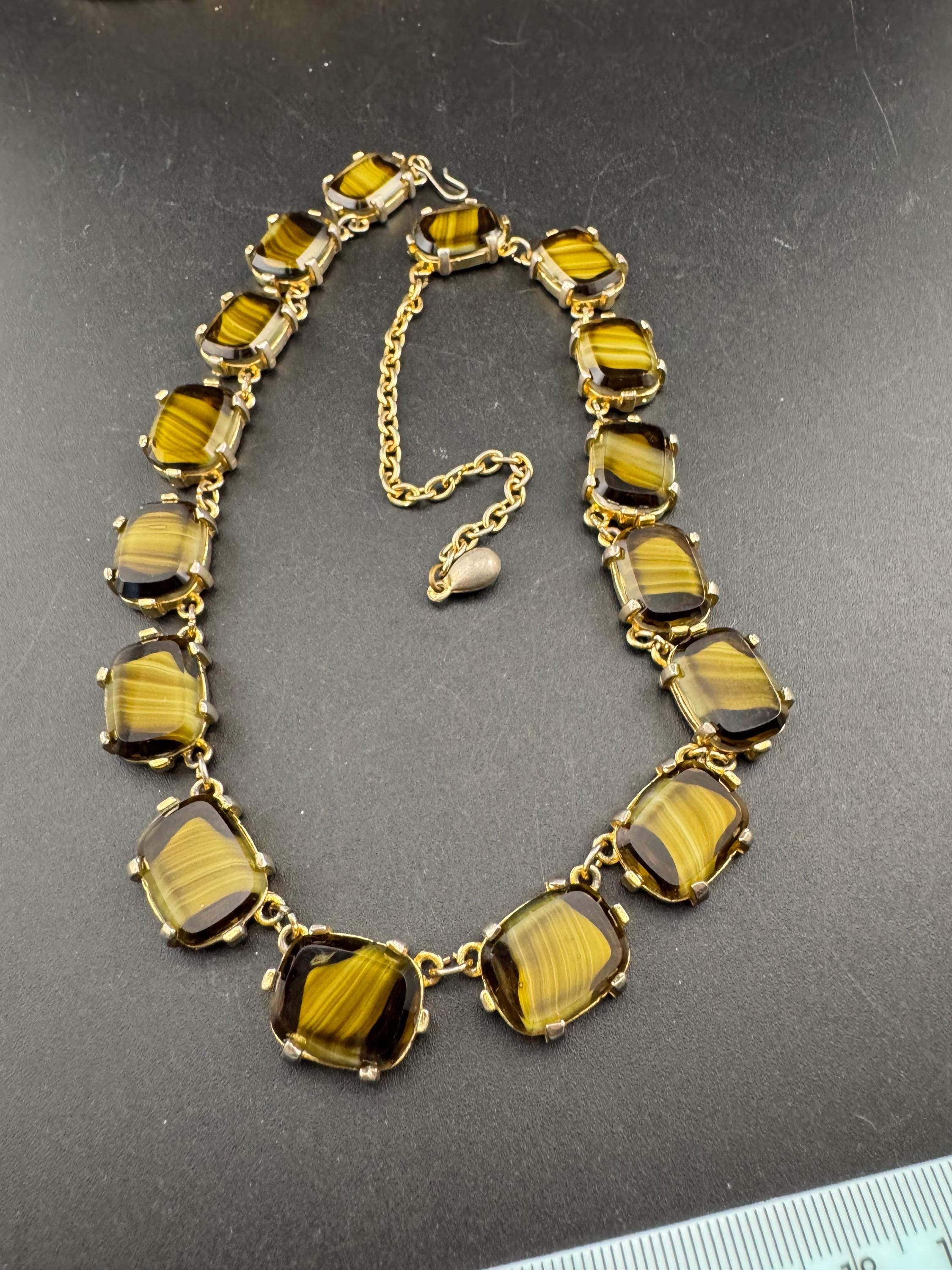 Vintage olive brown marbled glass cabochon panel link necklace mid century