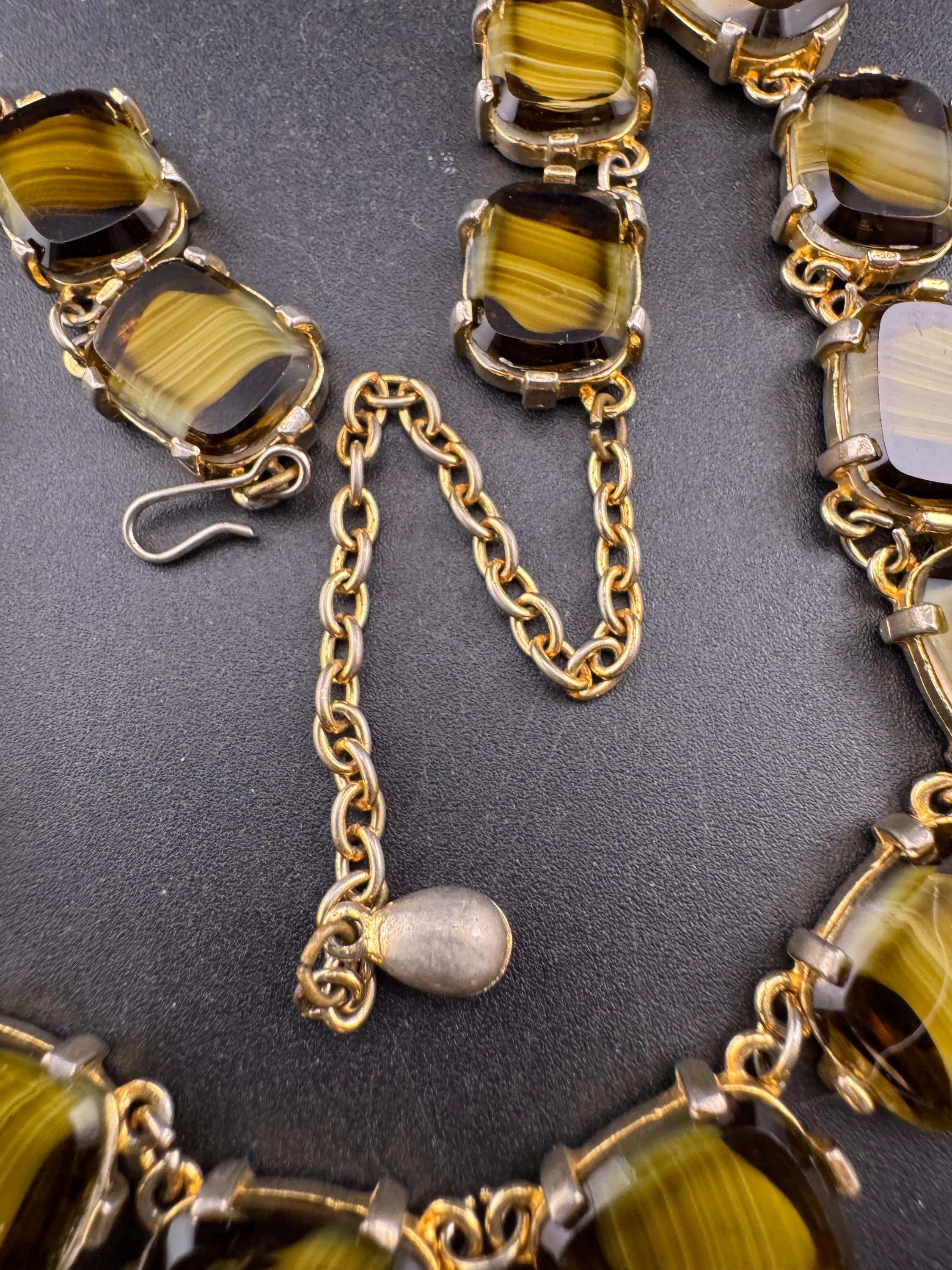Vintage olive brown marbled glass cabochon panel link necklace mid century