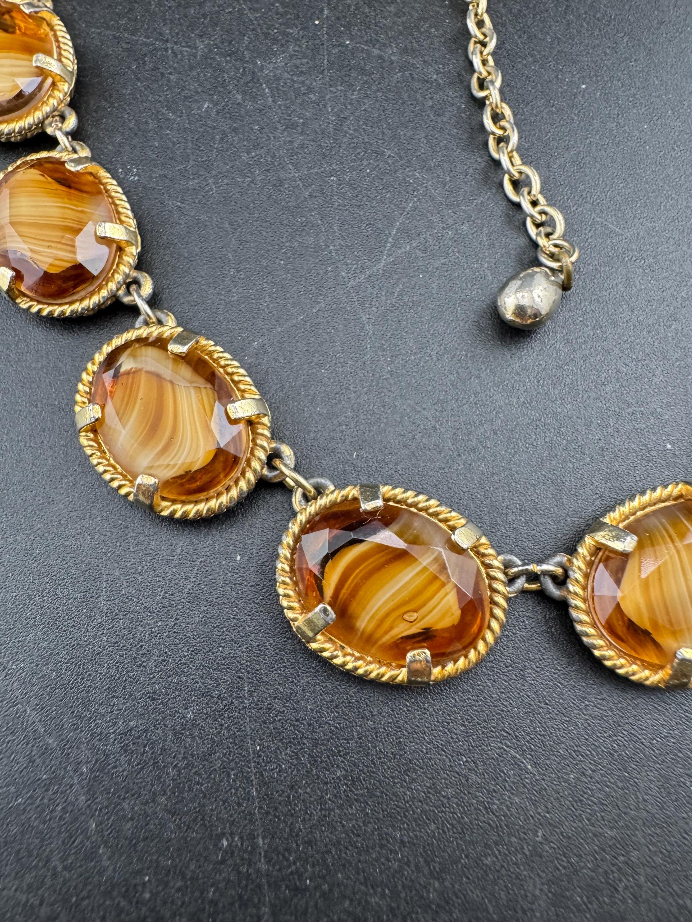 Vintage warm brown marbled givre glass cabochon panel link necklace mid century