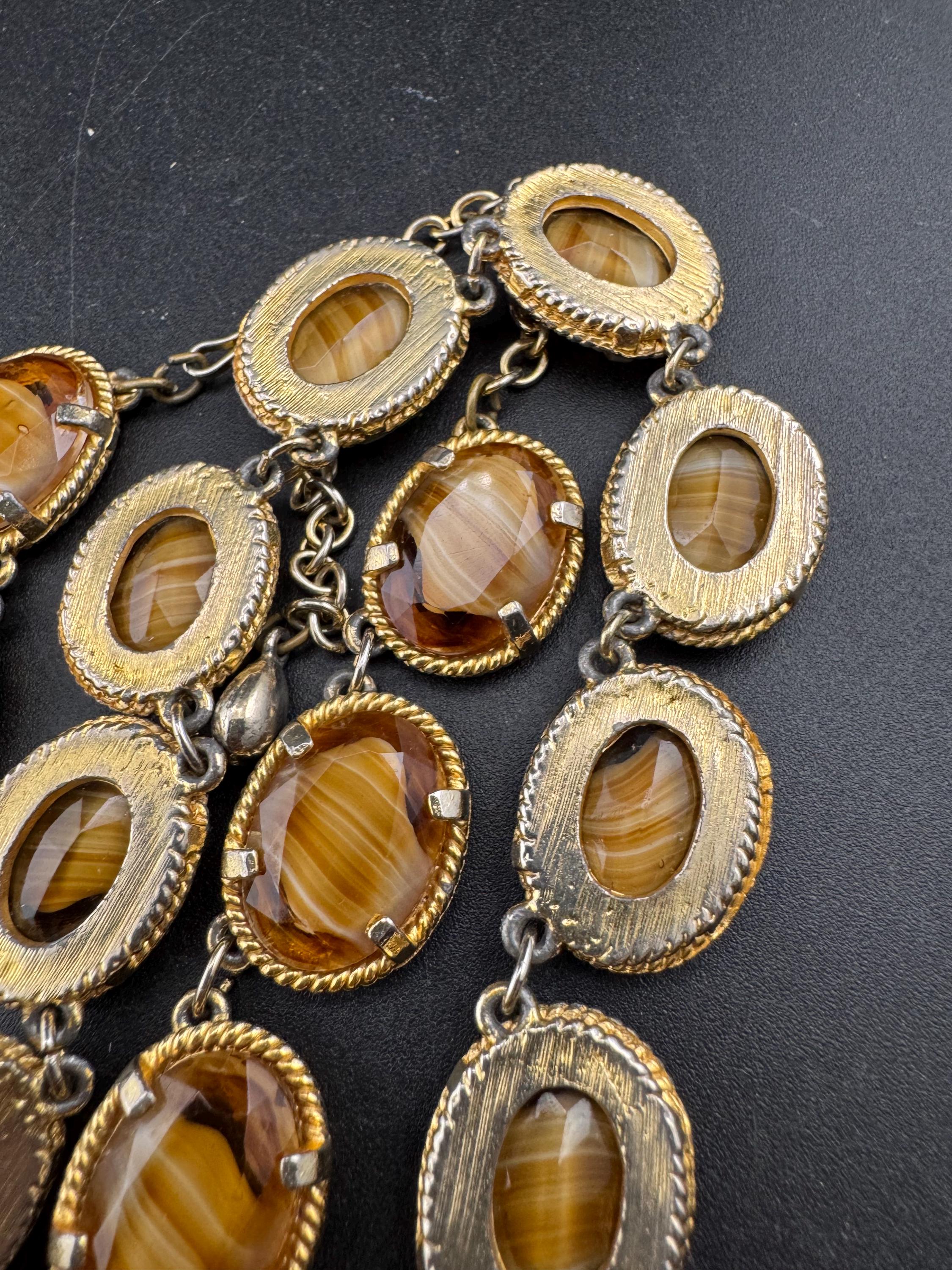 Vintage warm brown marbled givre glass cabochon panel link necklace mid century