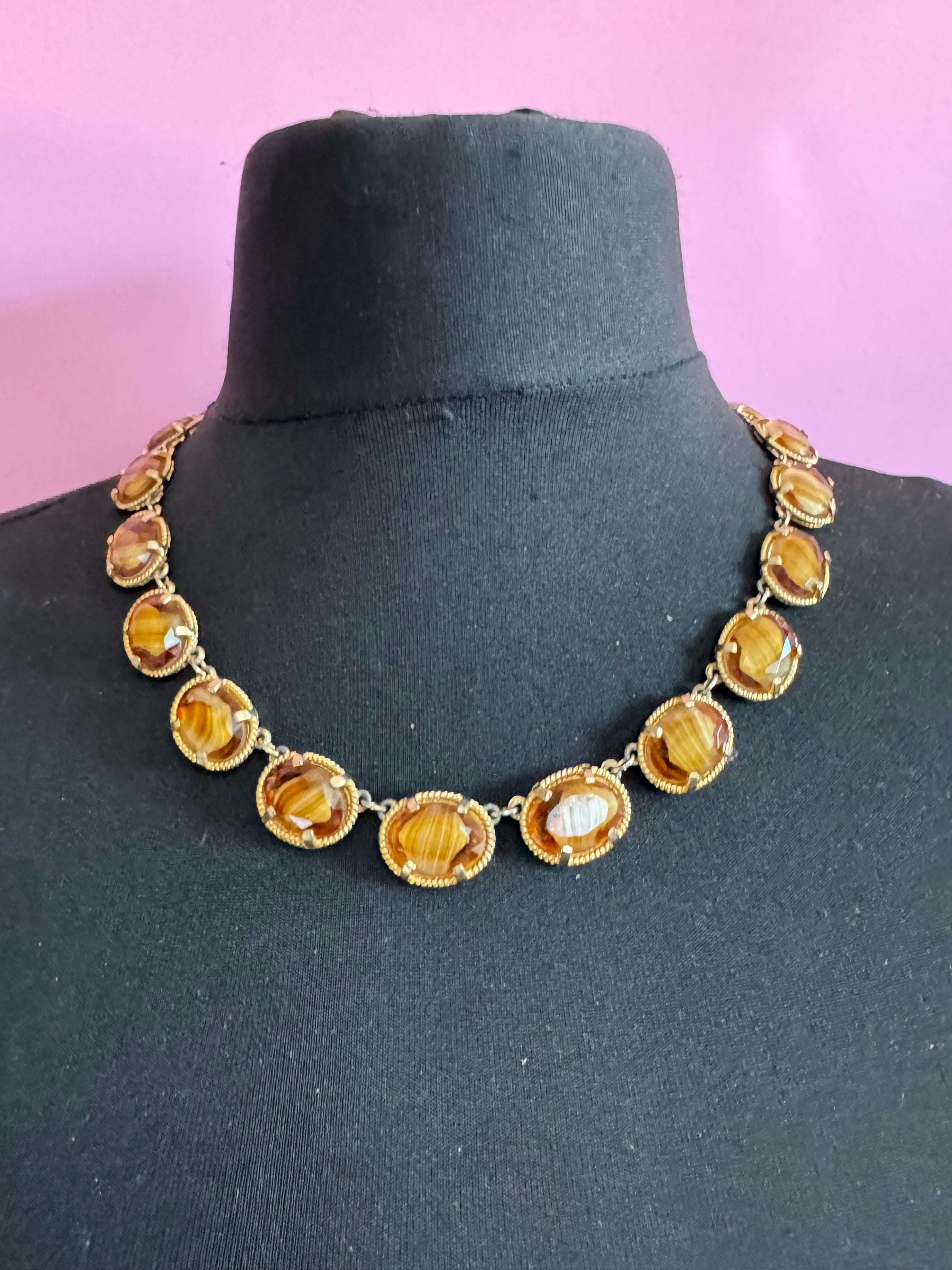 Vintage warm brown marbled givre glass cabochon panel link necklace mid century