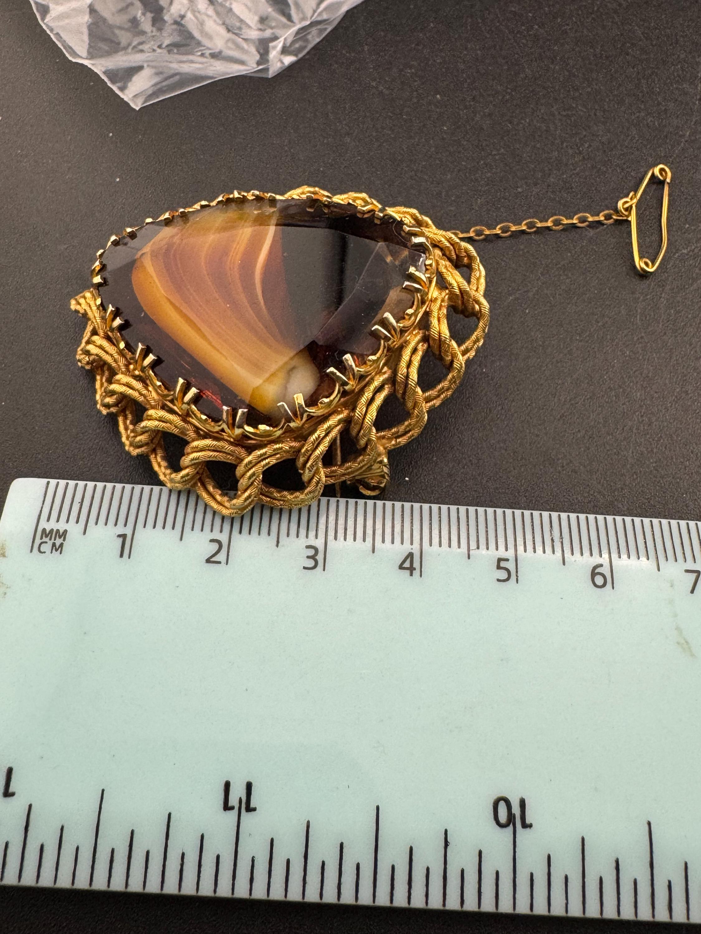 Vintage brown Celtic Brooch: Faux Agate Givre Glass, 1960s