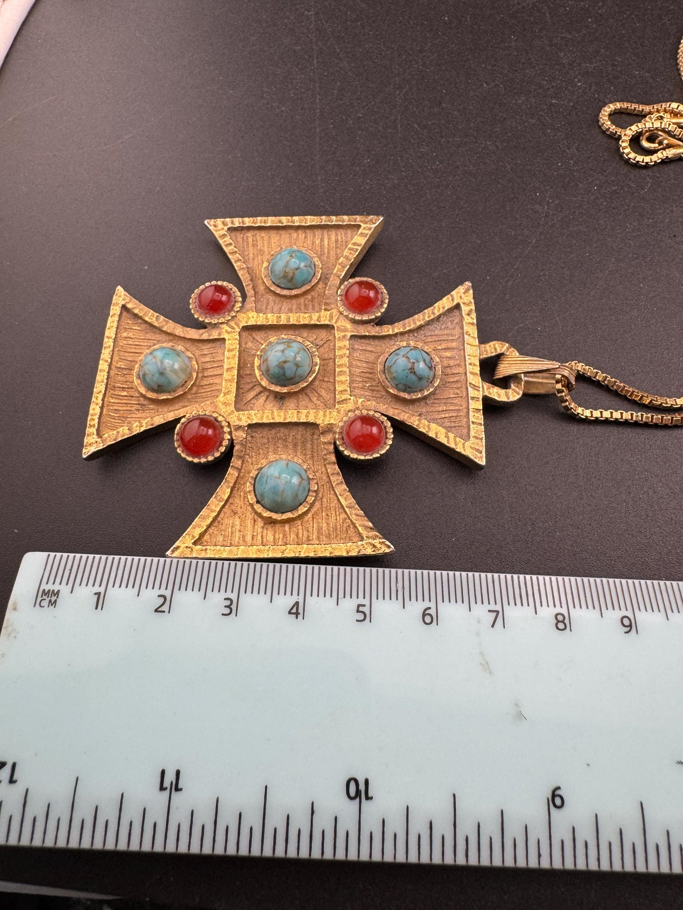 vintage large Maltese cross Pendant necklace, gold tone with faux gemstones 1970s