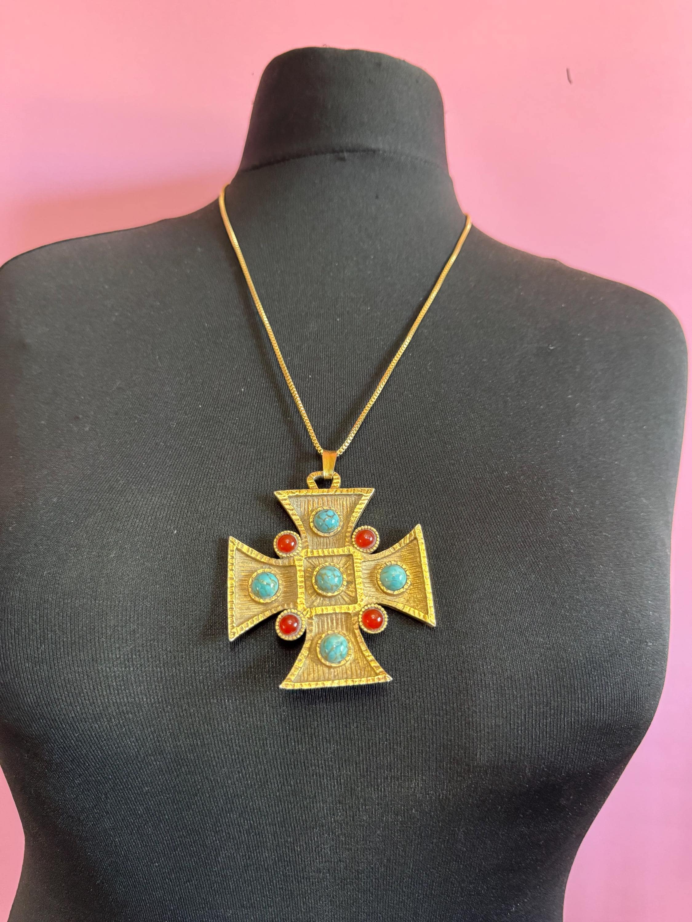vintage large Maltese cross Pendant necklace, gold tone with faux gemstones 1970s