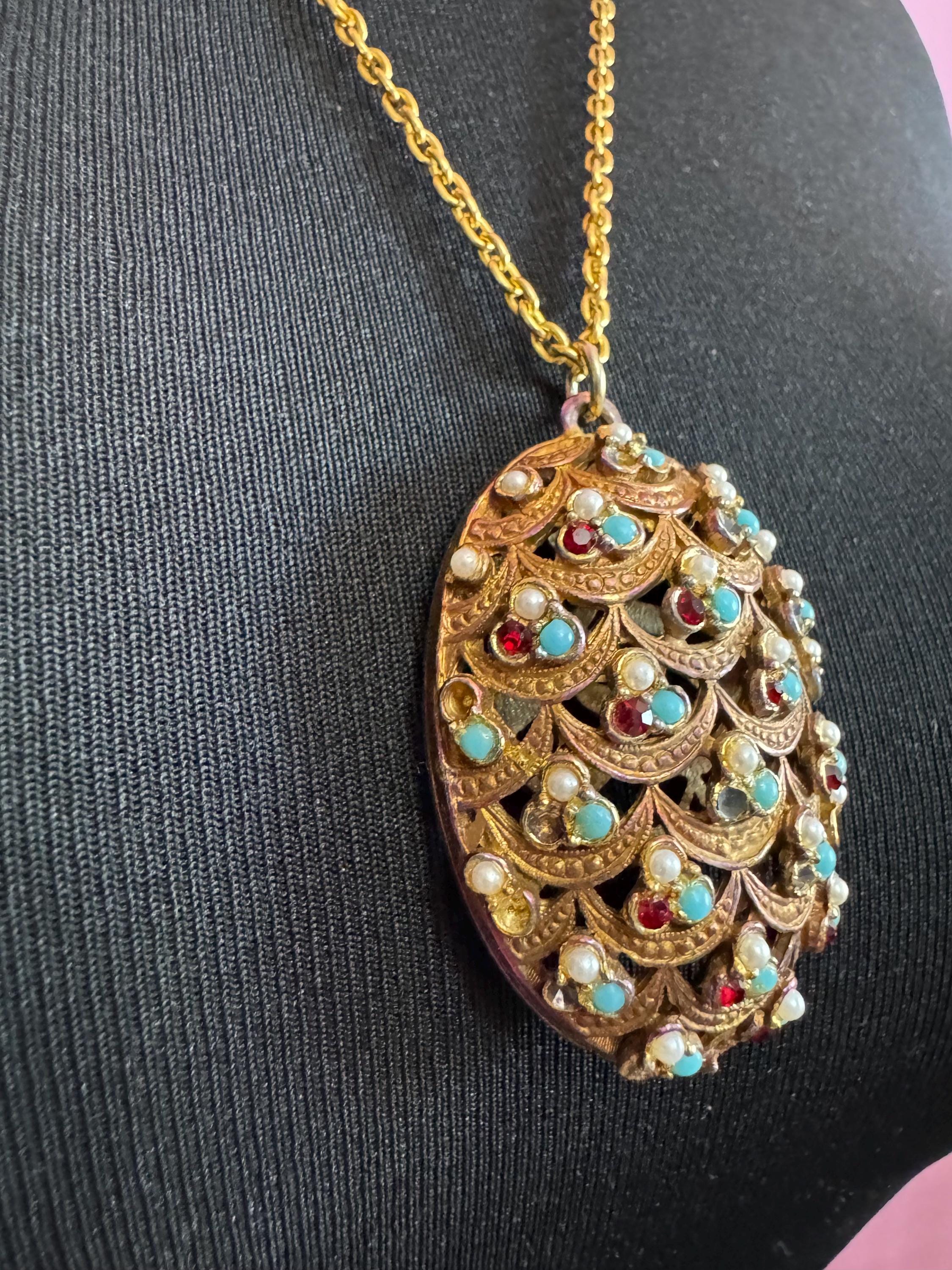 Vintage Garnet turquoise paste Diamanté seed pearl ornate oval pendant, gold tone as found