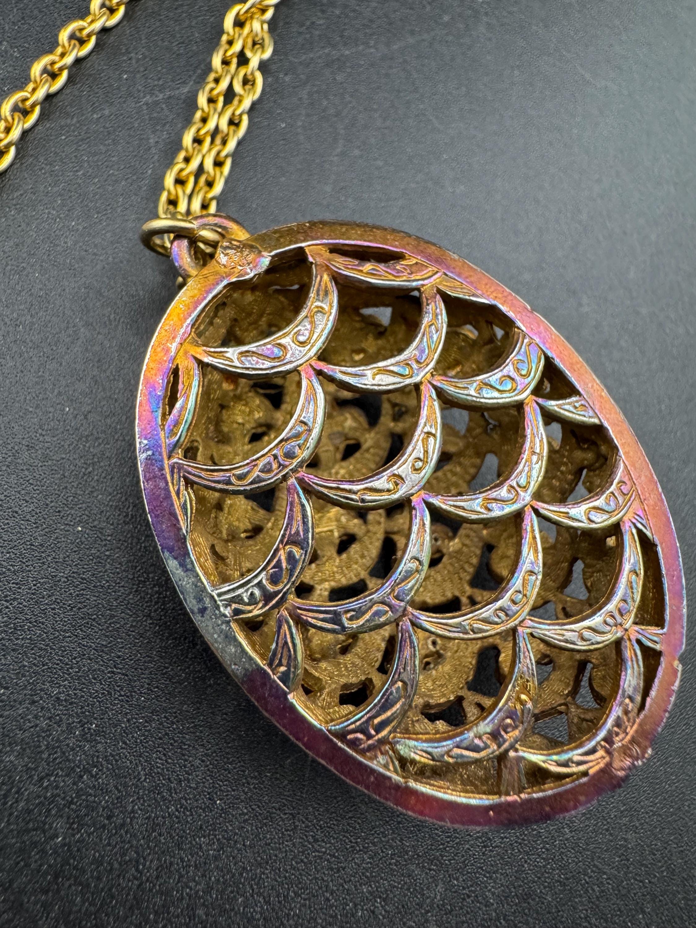 Vintage Garnet turquoise paste Diamanté seed pearl ornate oval pendant, gold tone as found