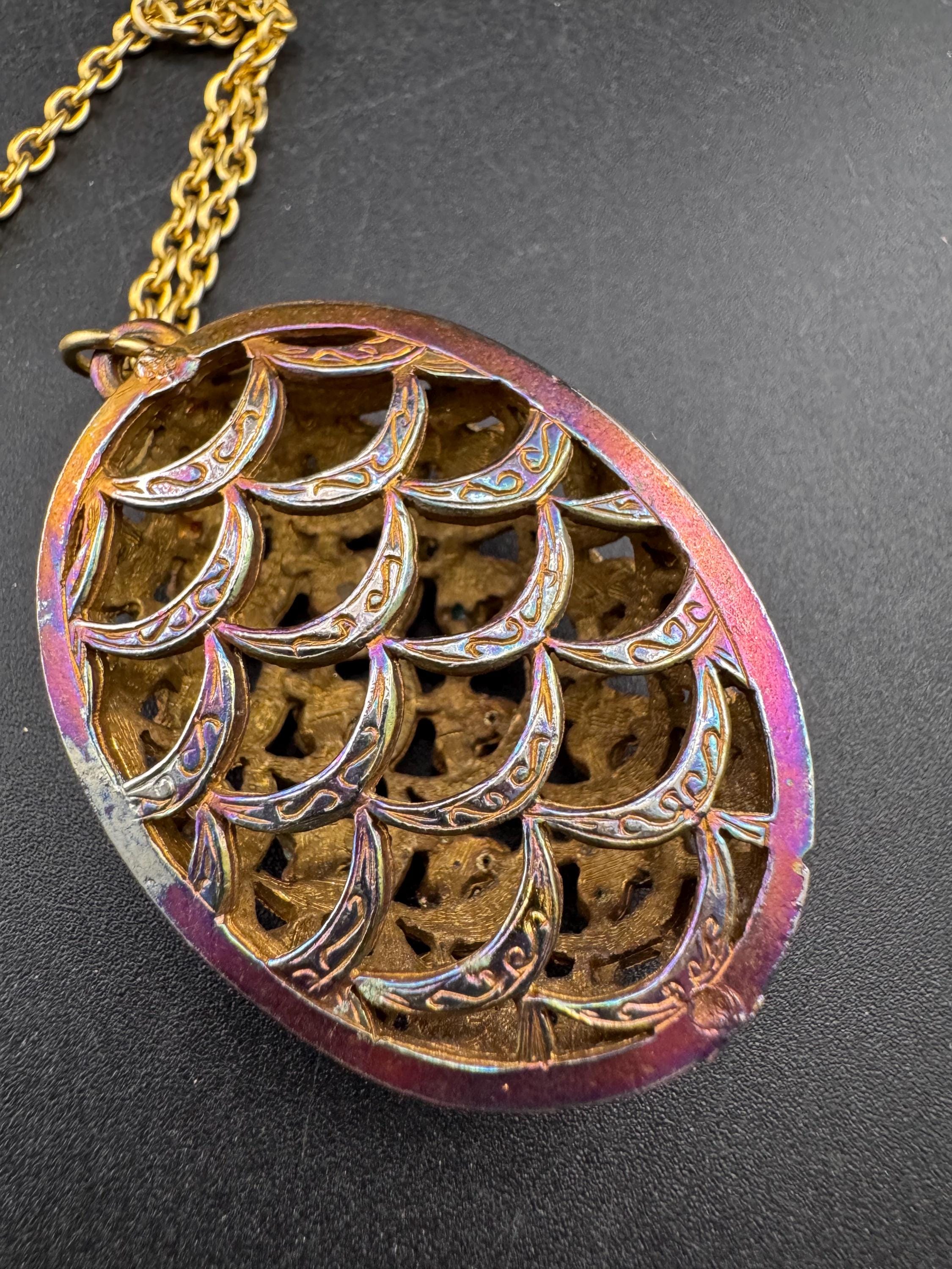 Vintage Garnet turquoise paste Diamanté seed pearl ornate oval pendant, gold tone as found