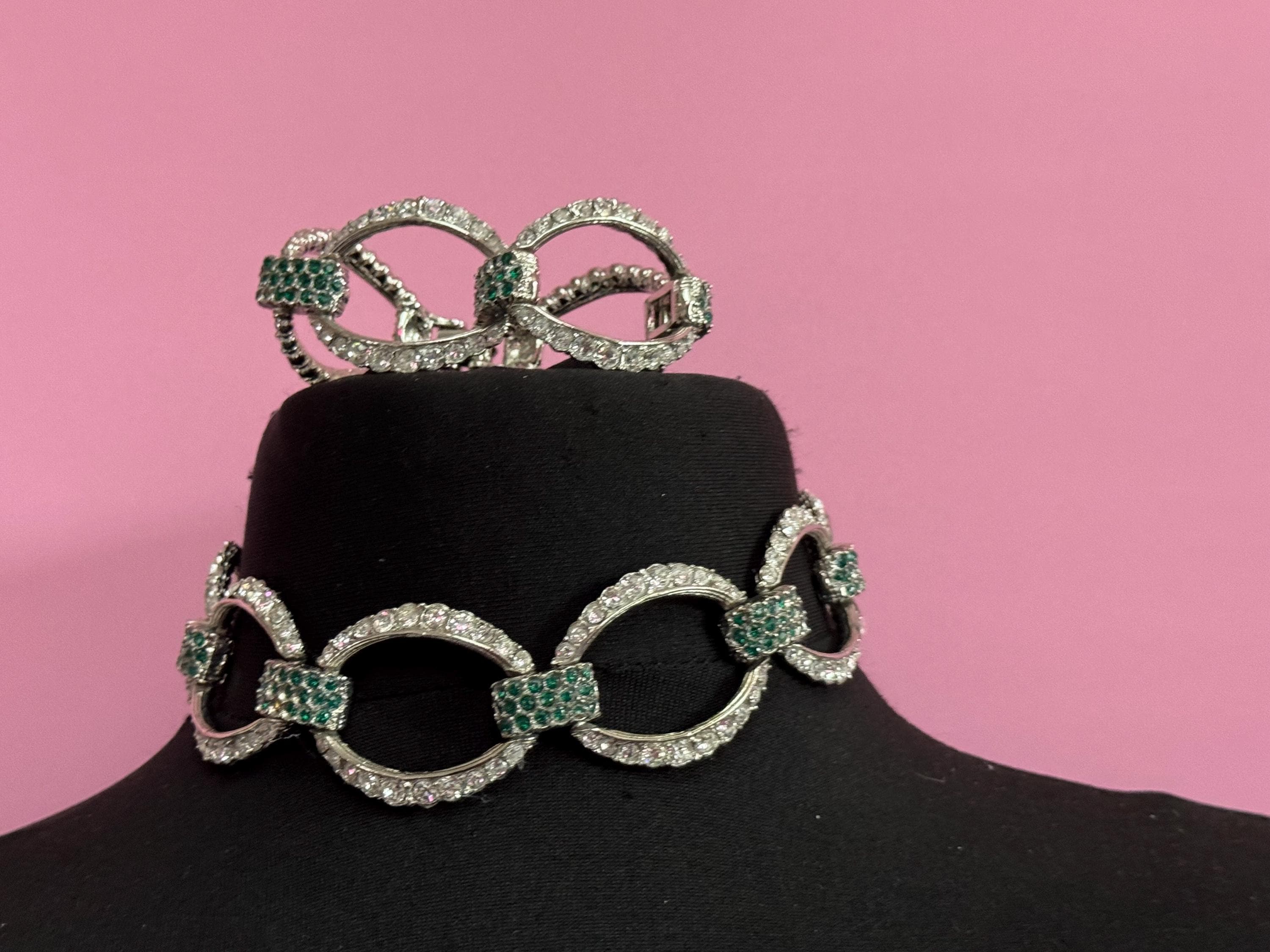 Emerald Diamanté crystal cocktail choker necklace and Bracelet set, 1980s vintage, silver tone