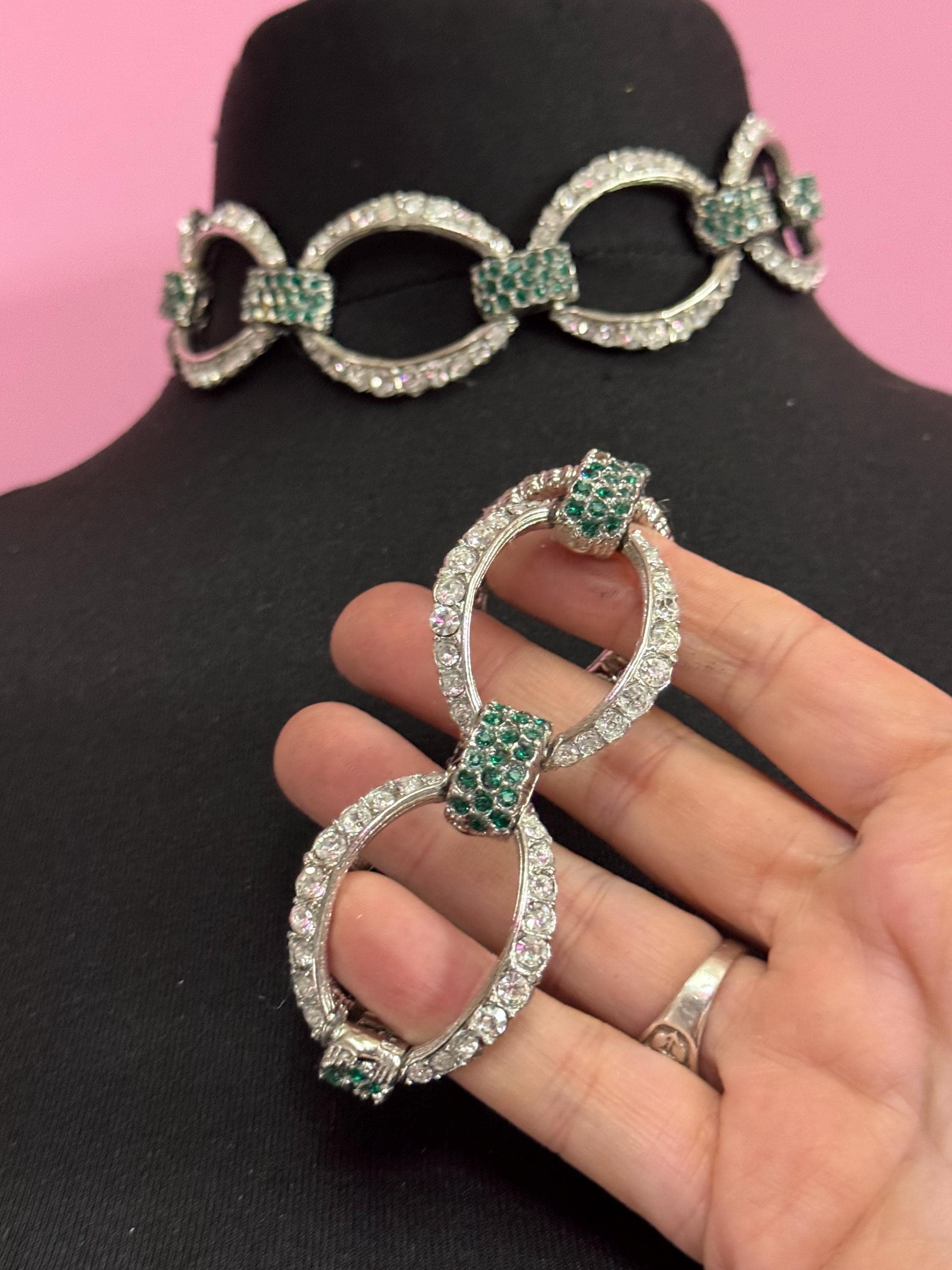 Emerald Diamanté crystal cocktail choker necklace and Bracelet set, 1980s vintage, silver tone