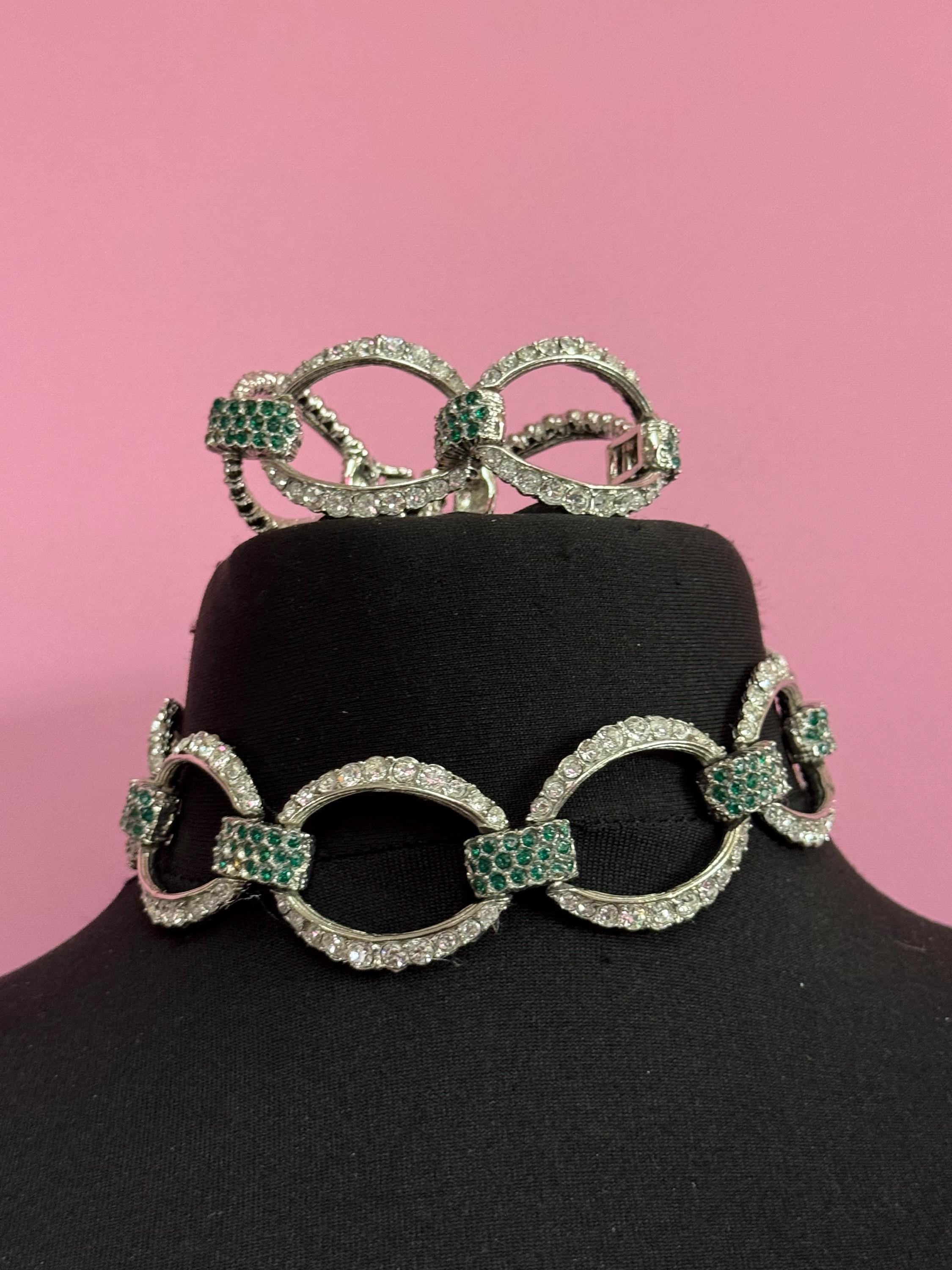 Emerald Diamanté crystal cocktail choker necklace and Bracelet set, 1980s vintage, silver tone