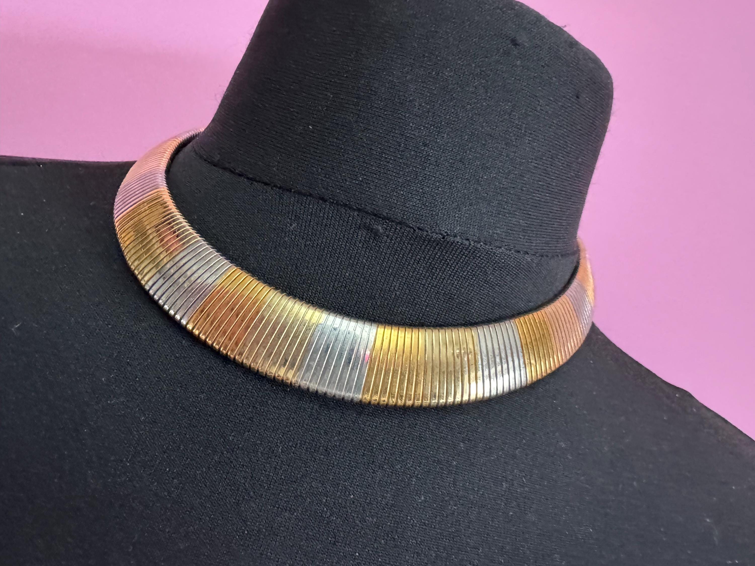 Two tone silver and gold omega choker necklace , vintage 49cm