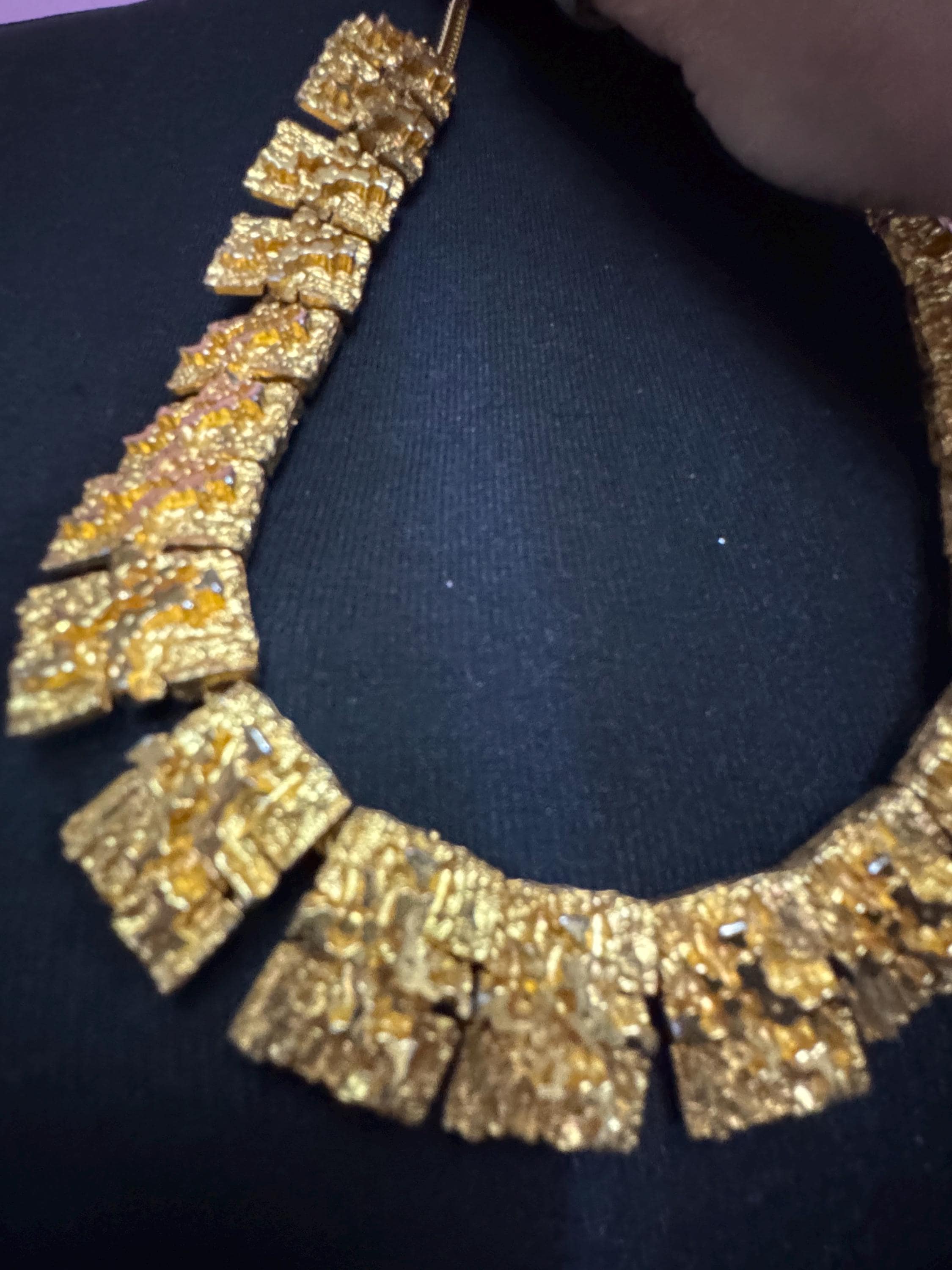 Vintage wide brutalist textured choker necklace, gold tone