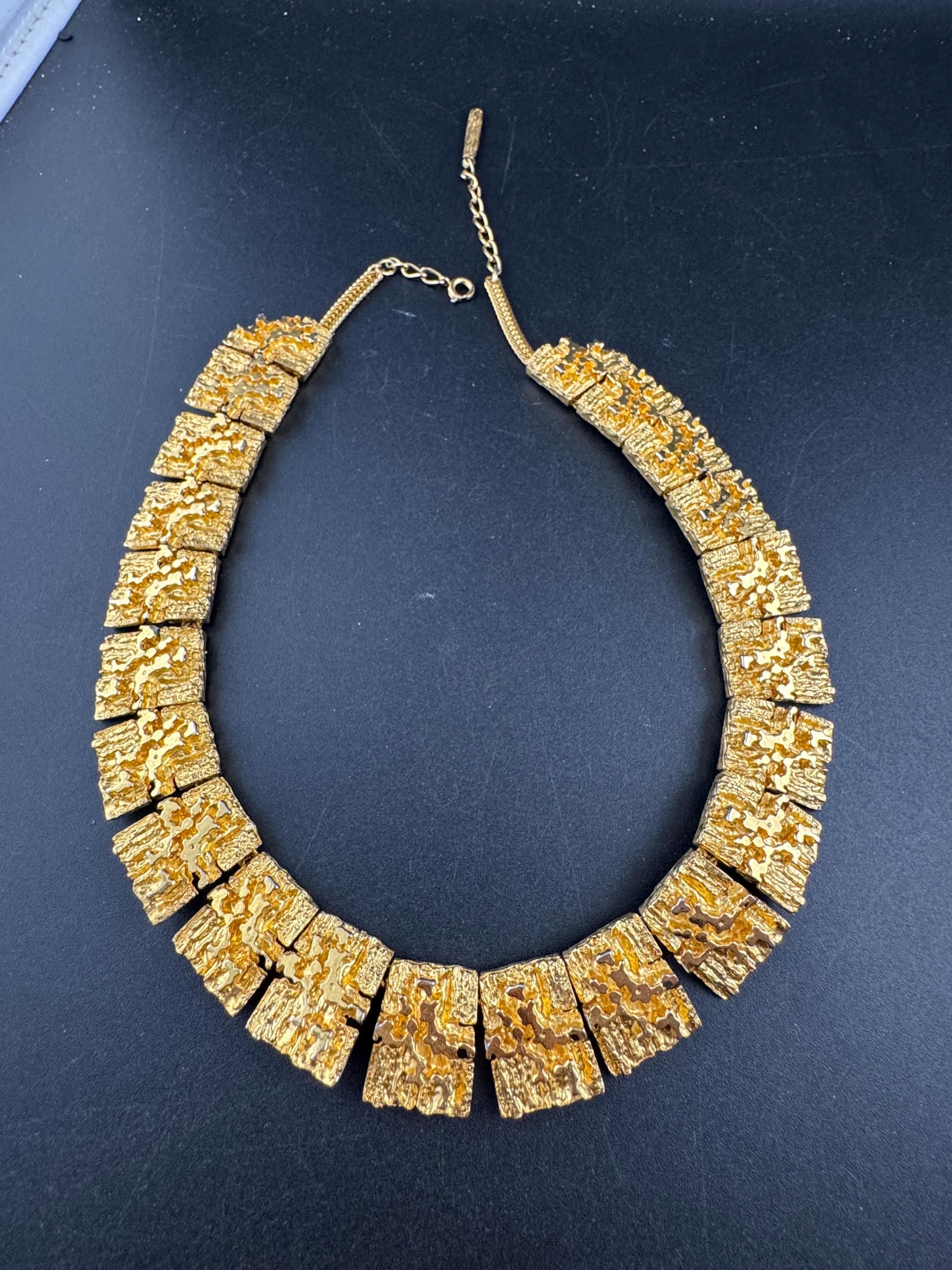 Vintage wide brutalist textured choker necklace, gold tone