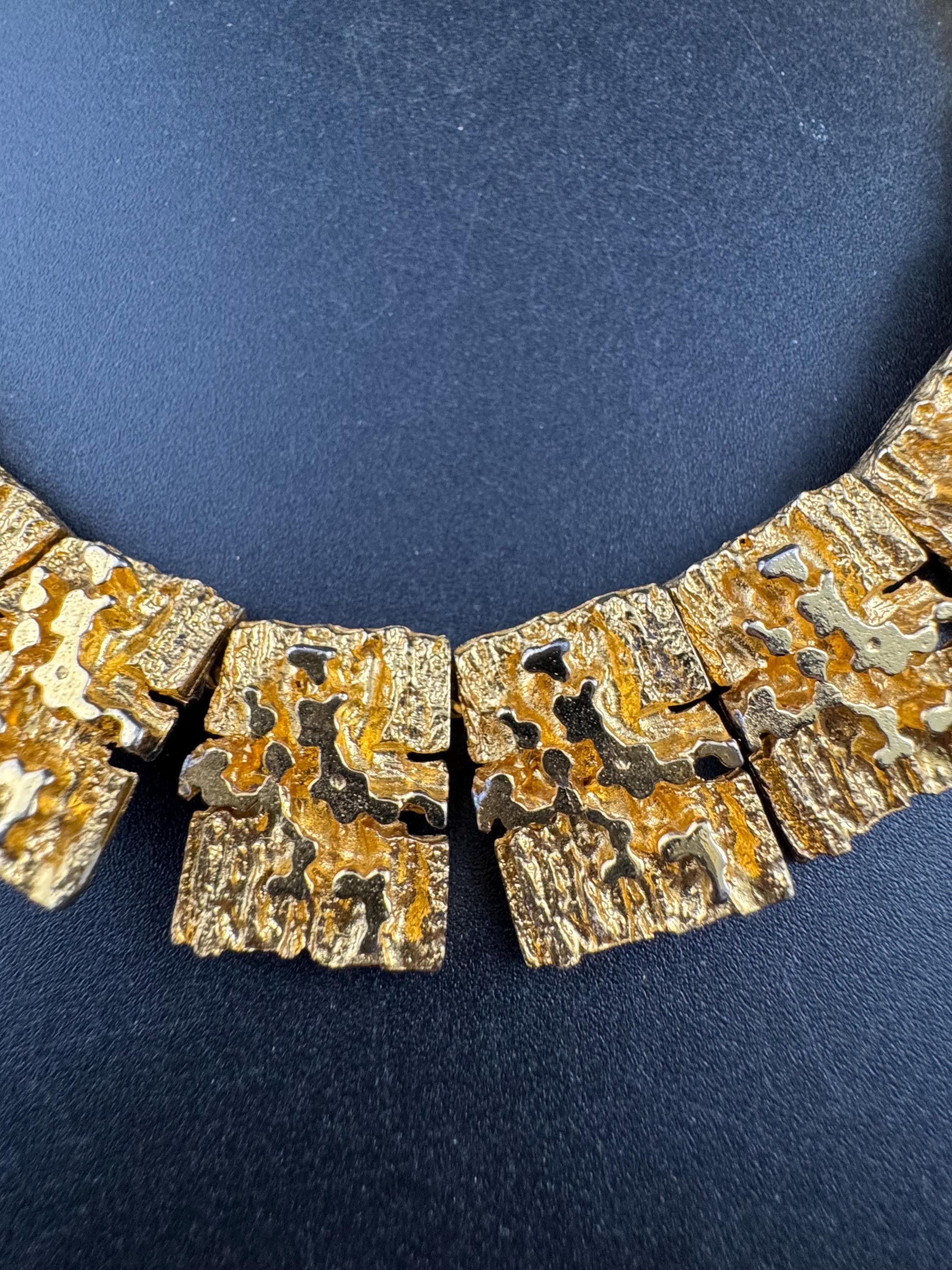 Vintage wide brutalist textured choker necklace, gold tone