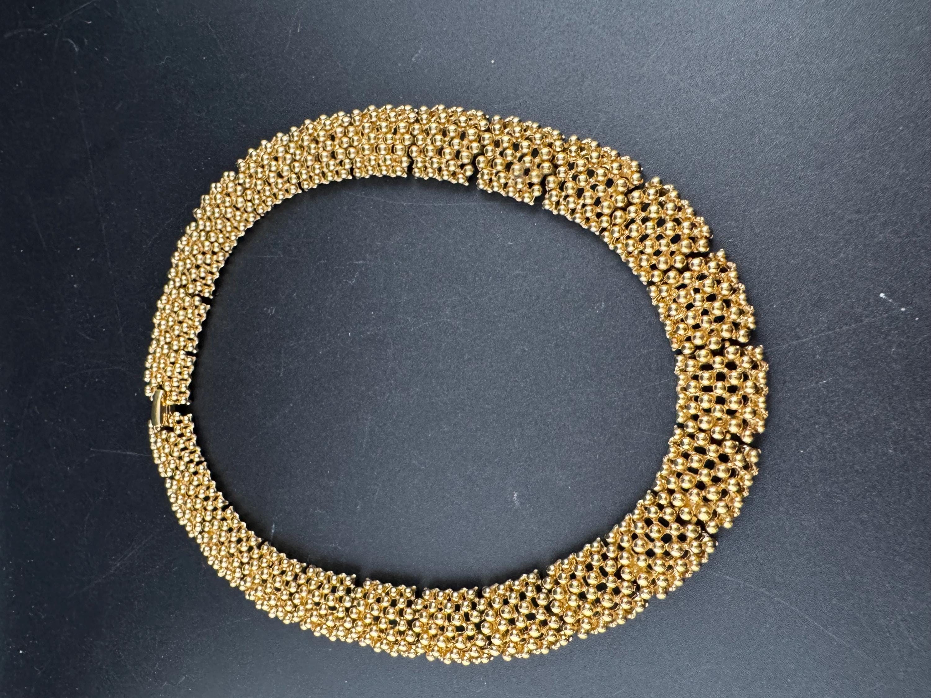 Vintage wide panel link choker necklace 43cm, gold tone ball bead brutalist