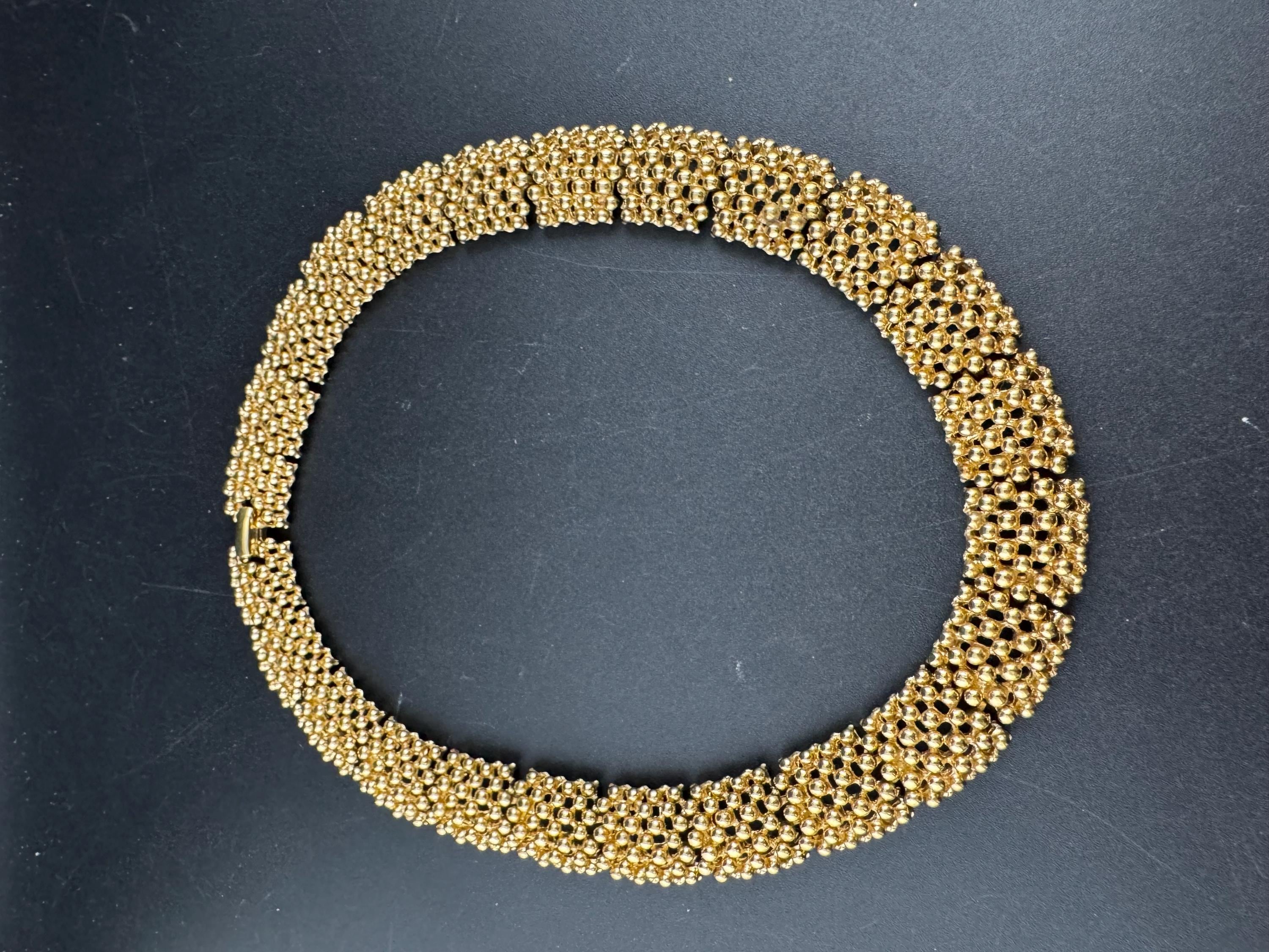 Vintage wide panel link choker necklace 43cm, gold tone ball bead brutalist