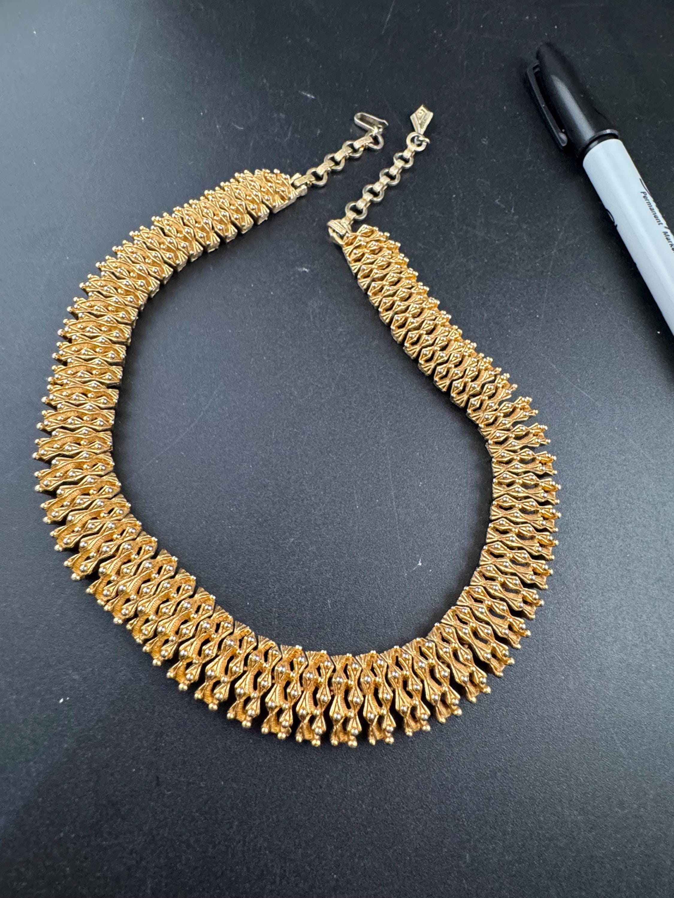 Vintage wide panel link choker necklace adjustable , gold tone ball bead brutalist