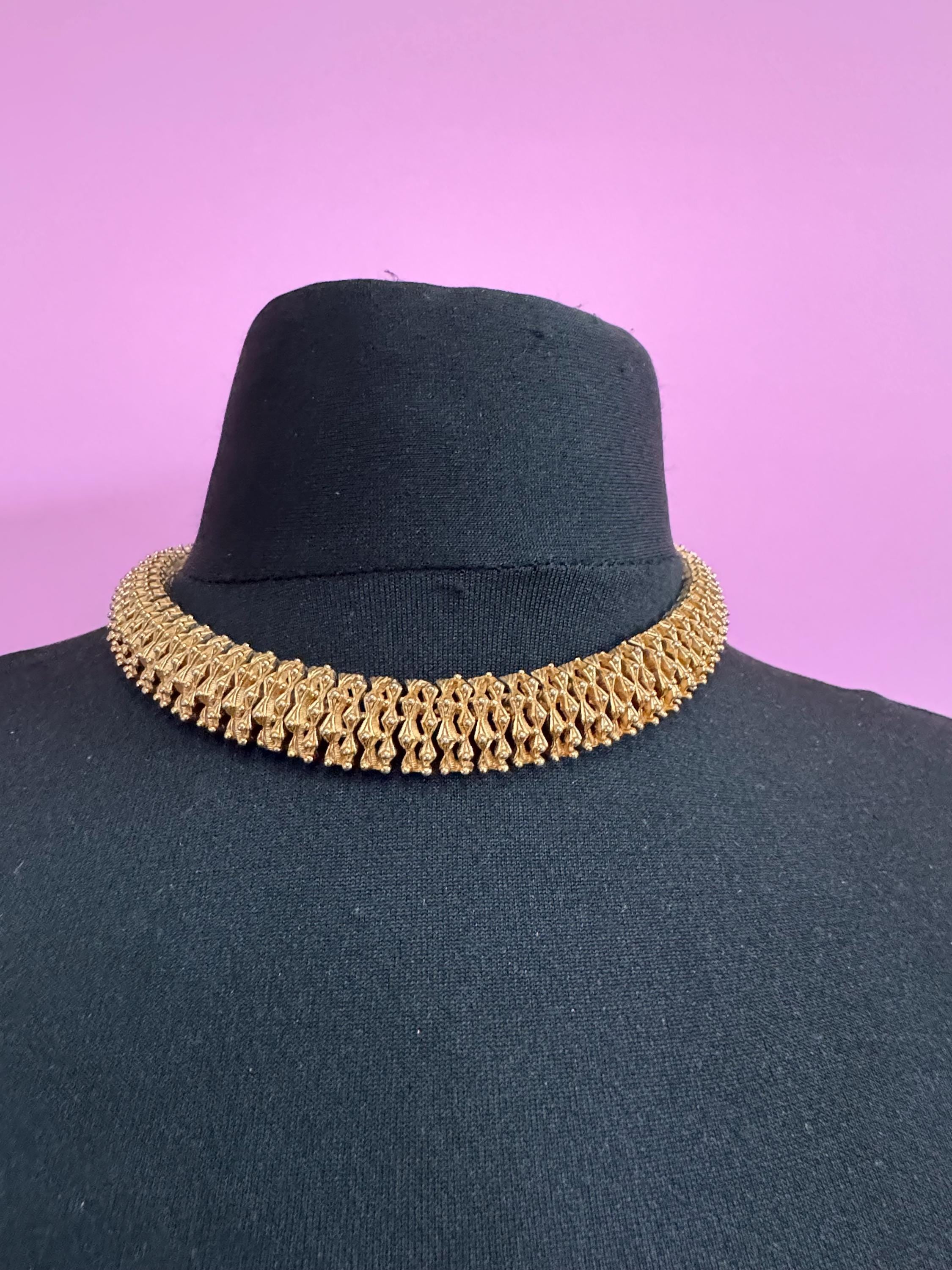 Vintage wide panel link choker necklace adjustable , gold tone ball bead brutalist