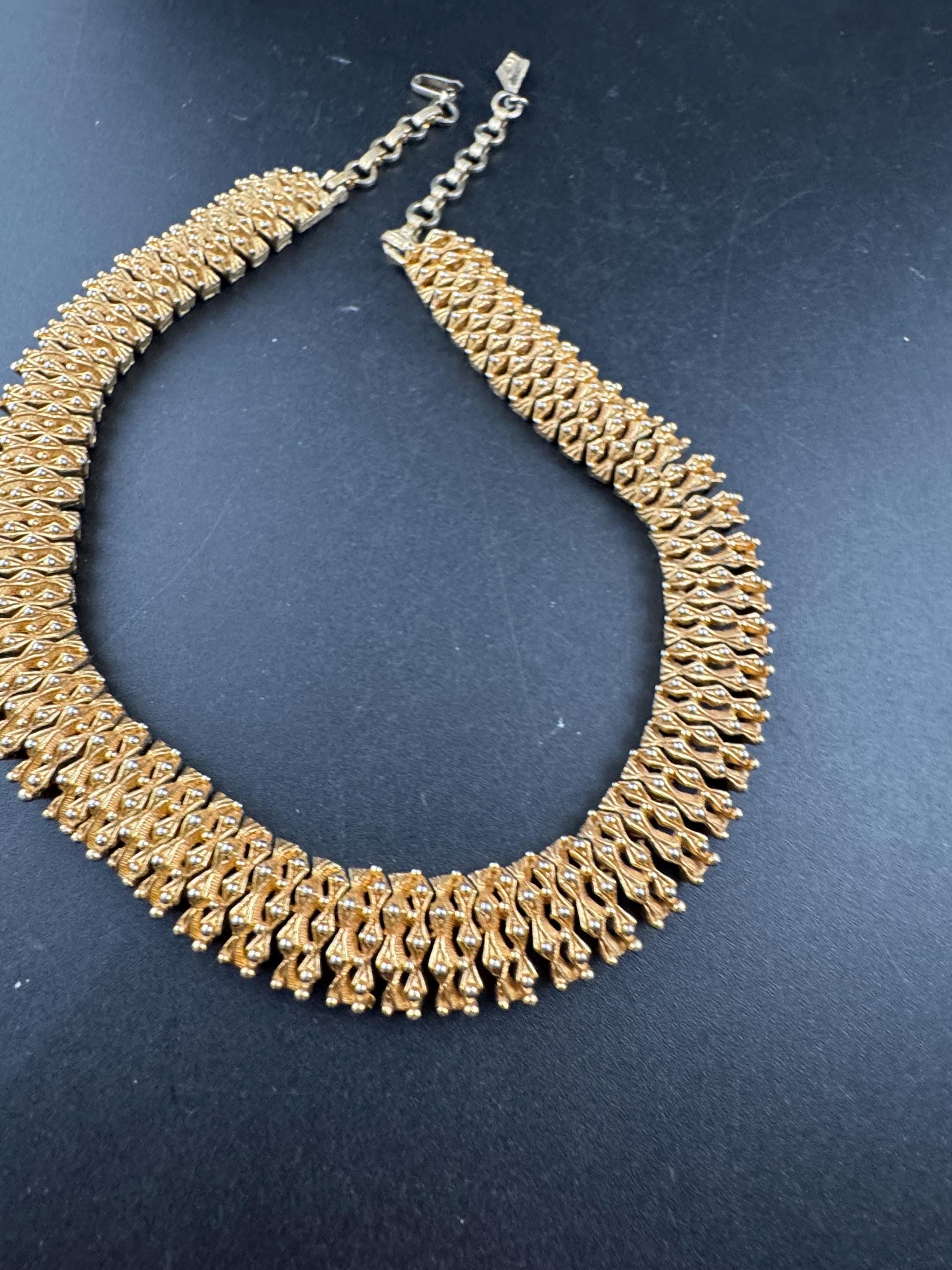 Vintage wide panel link choker necklace adjustable , gold tone ball bead brutalist