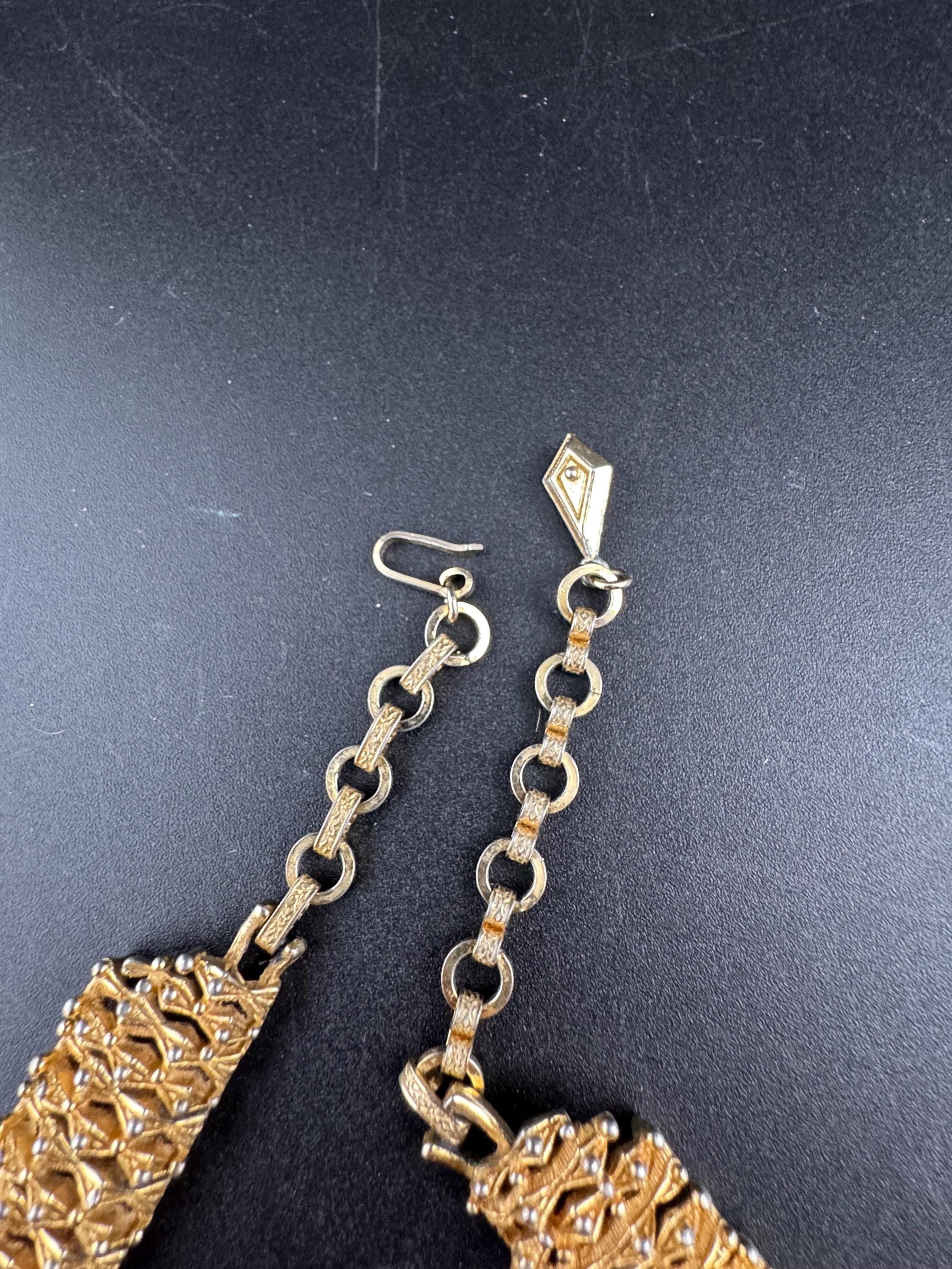 Vintage wide panel link choker necklace adjustable , gold tone ball bead brutalist
