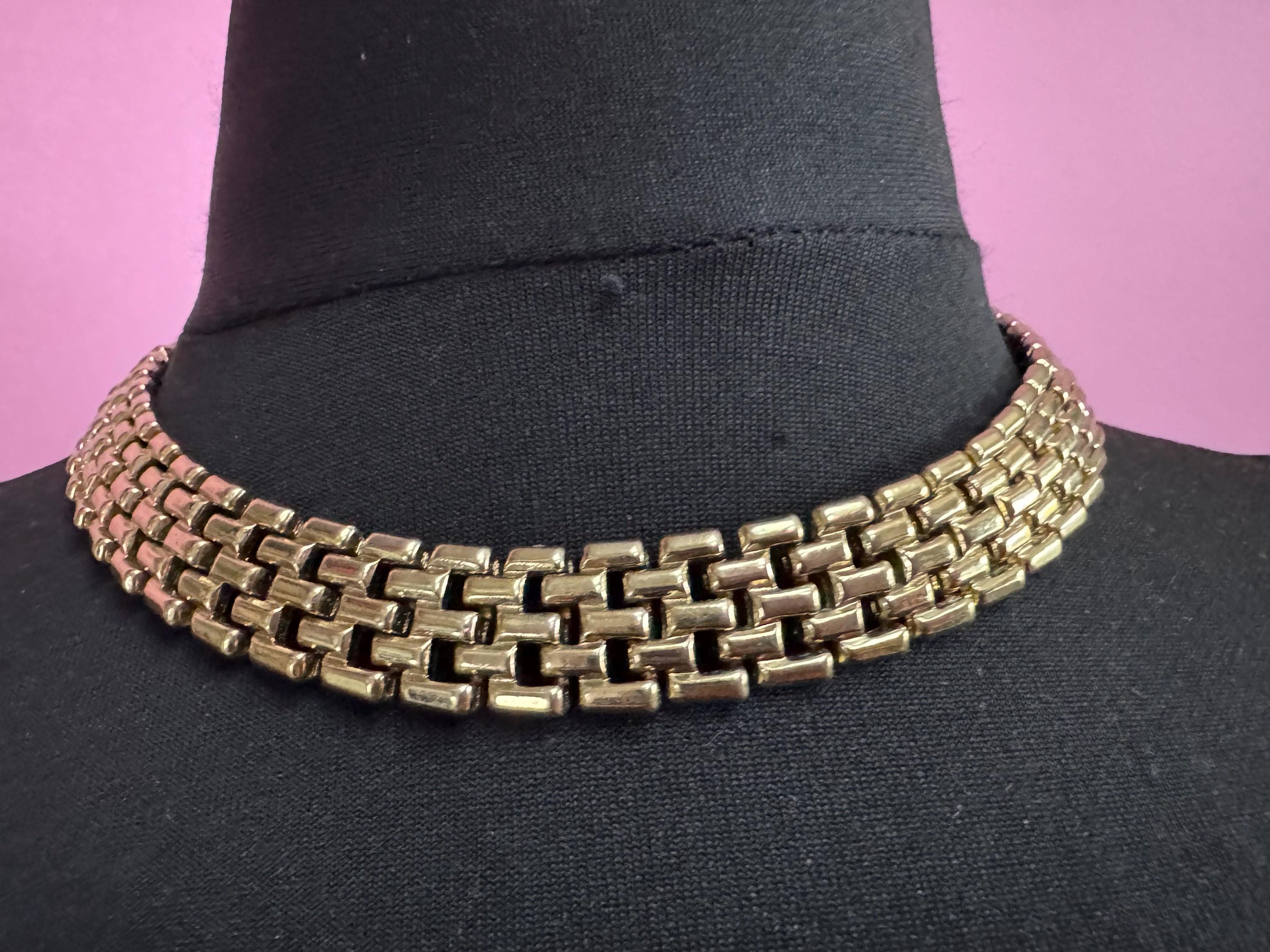 1980s wide panther brick link gold plated choker necklace 44cm