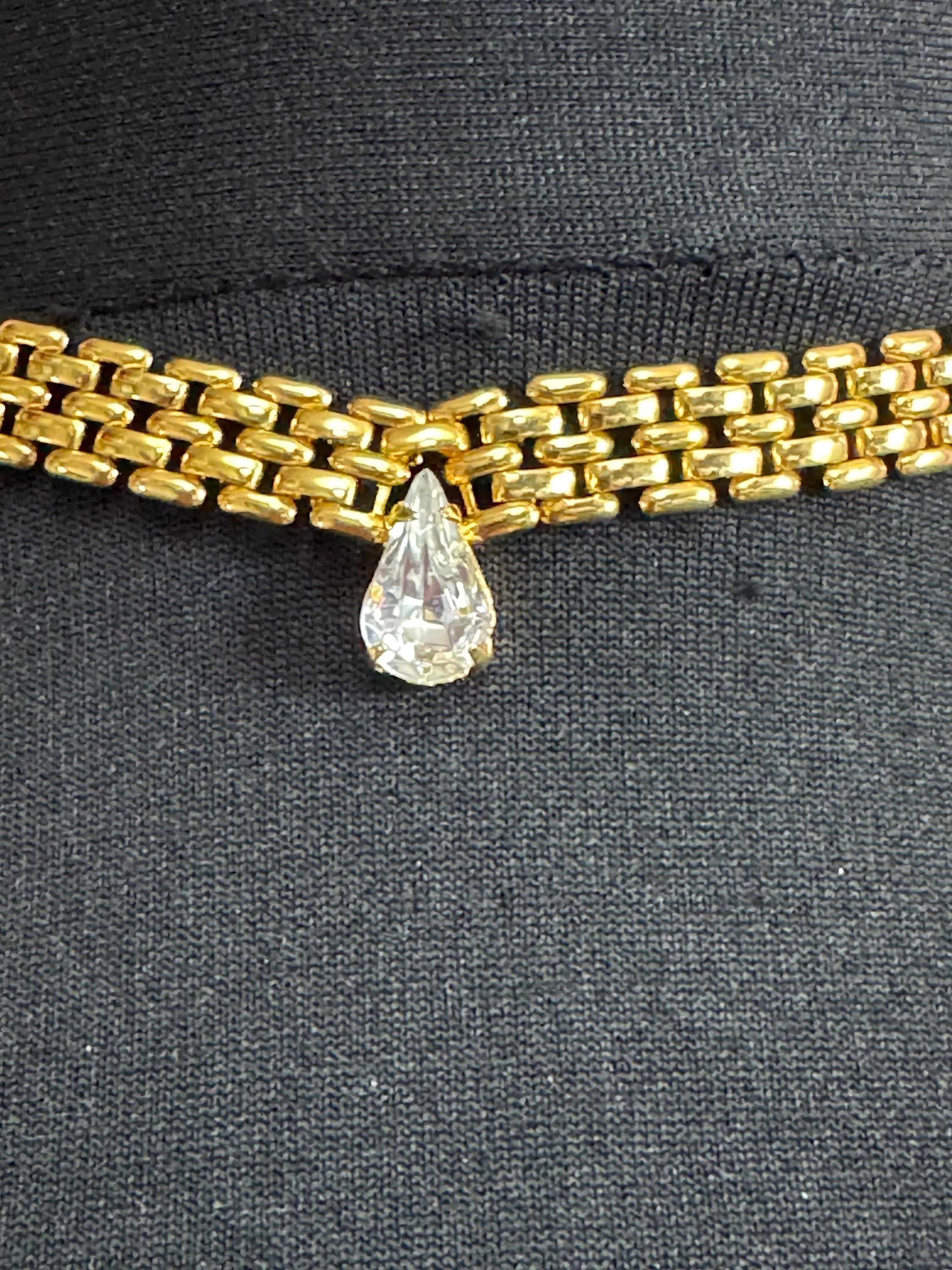 40cm panther link teardrop crystal diamanté gold tone choker necklace, brick chain, Retro 1980s