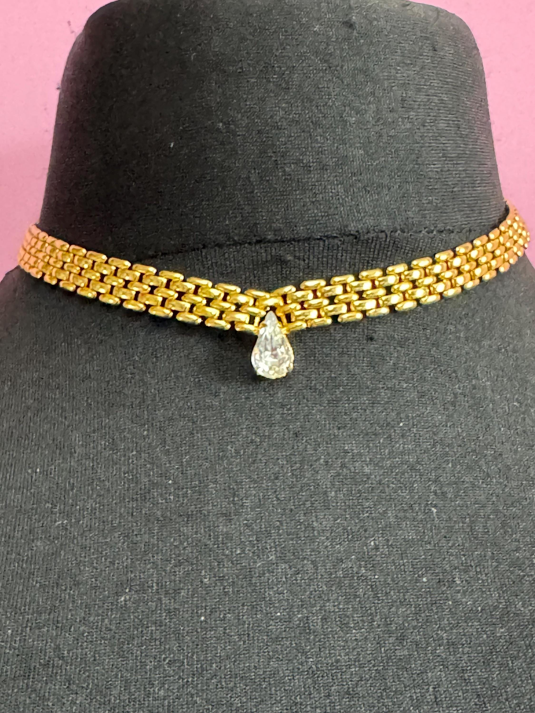40cm panther link teardrop crystal diamanté gold tone choker necklace, brick chain, Retro 1980s