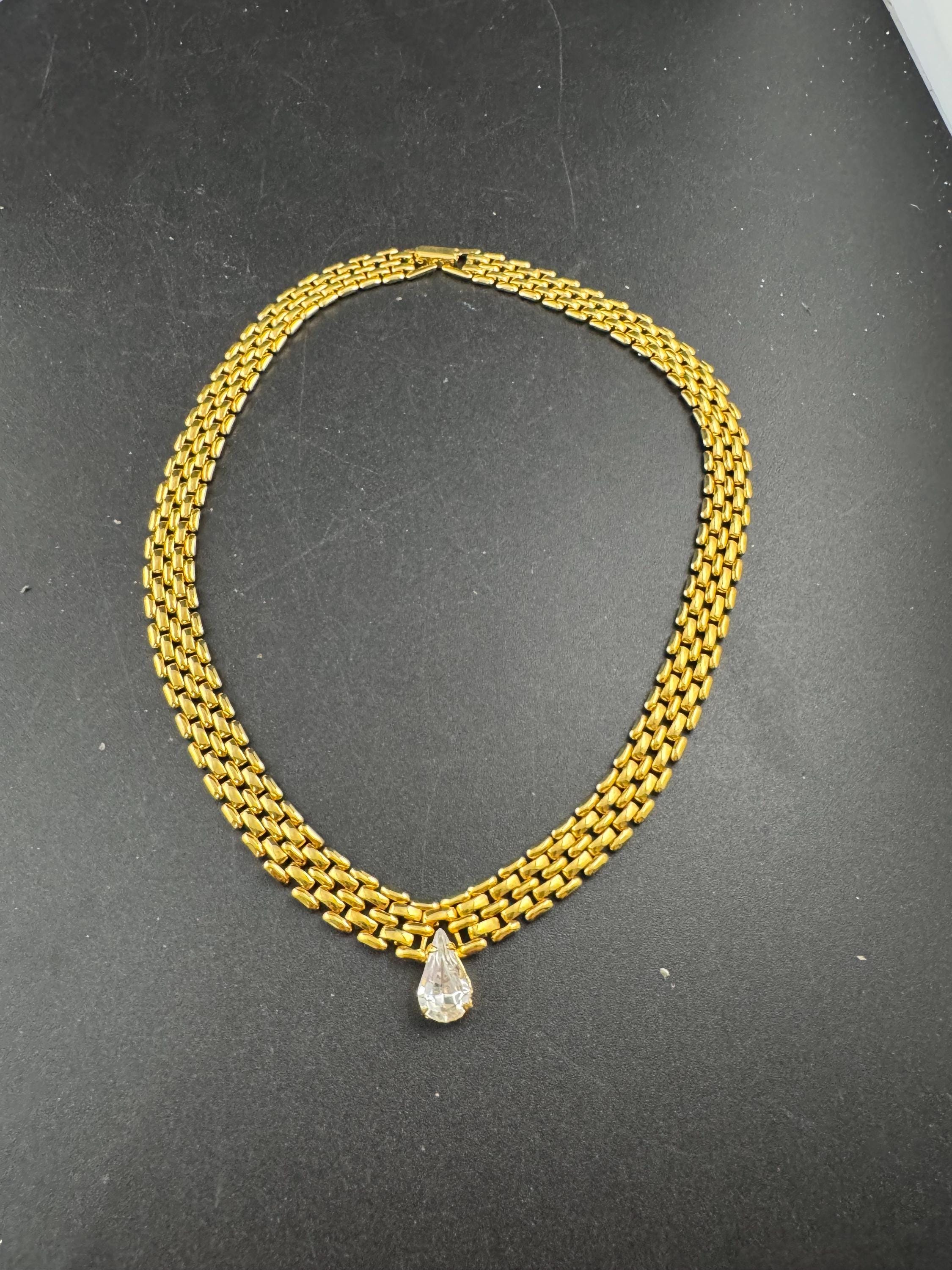 40cm panther link teardrop crystal diamanté gold tone choker necklace, brick chain, Retro 1980s