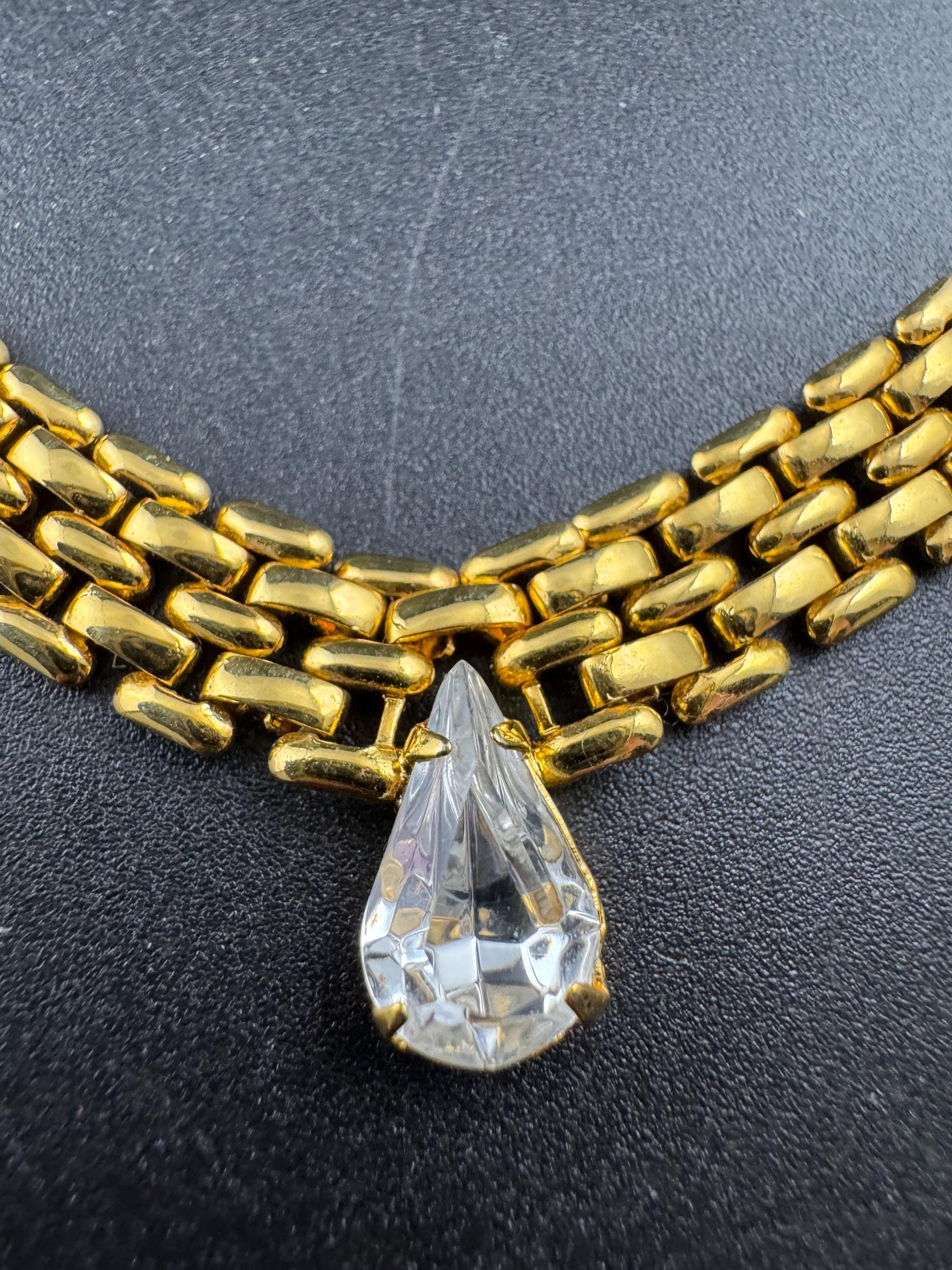 40cm panther link teardrop crystal diamanté gold tone choker necklace, brick chain, Retro 1980s