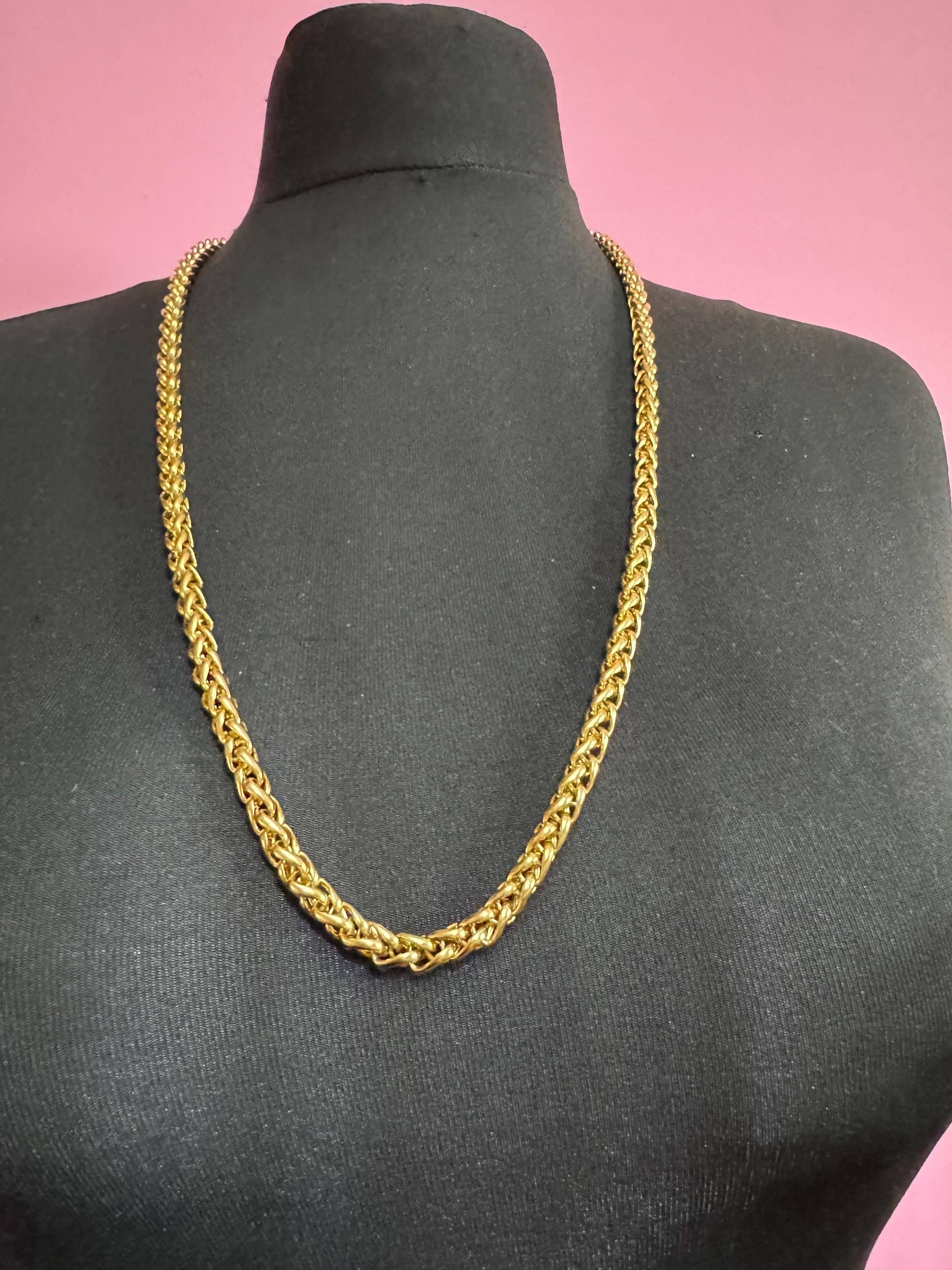 78cm long 1980s thick gold plated wheat link chain necklace