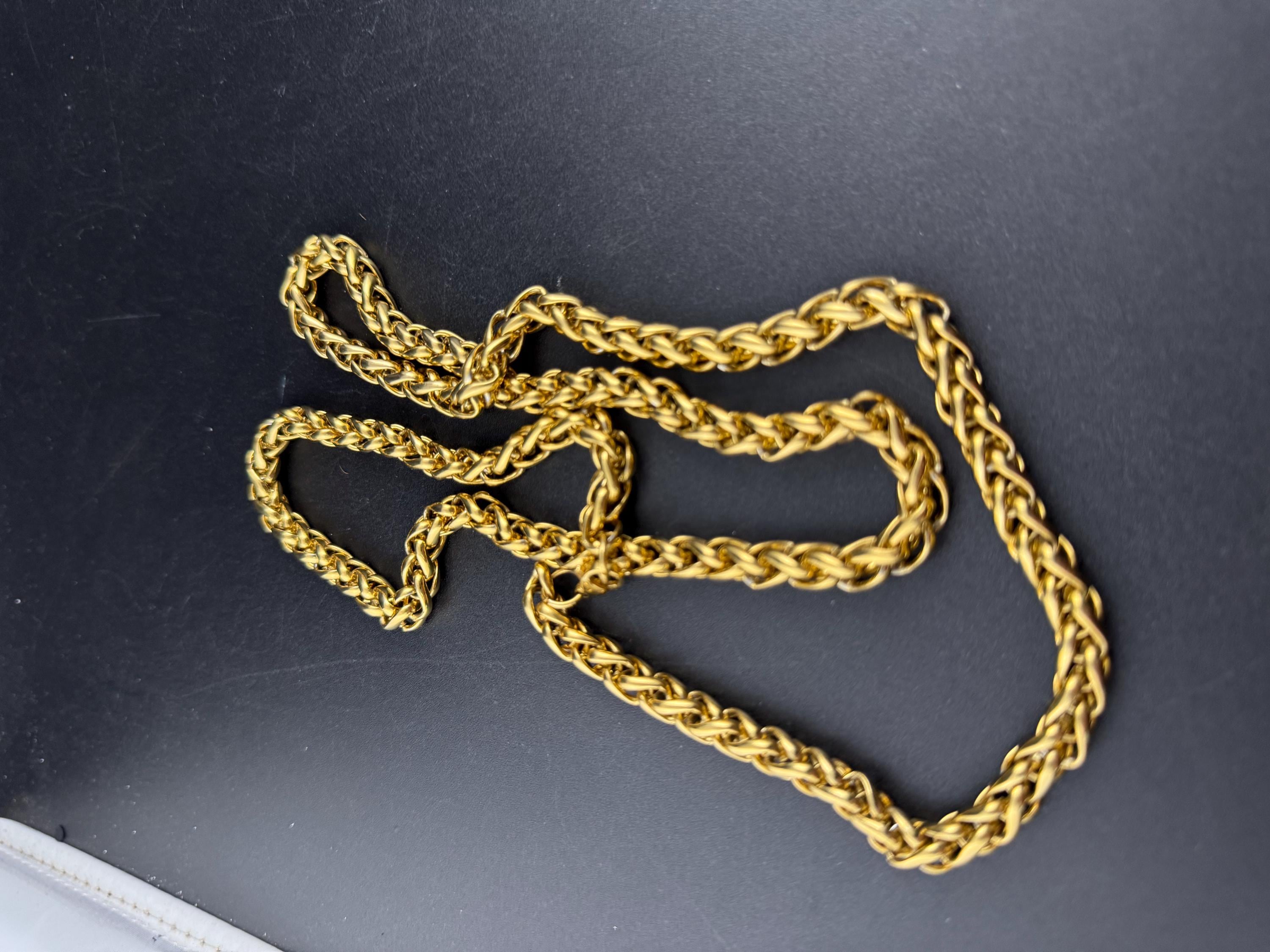 78cm long 1980s thick gold plated wheat link chain necklace