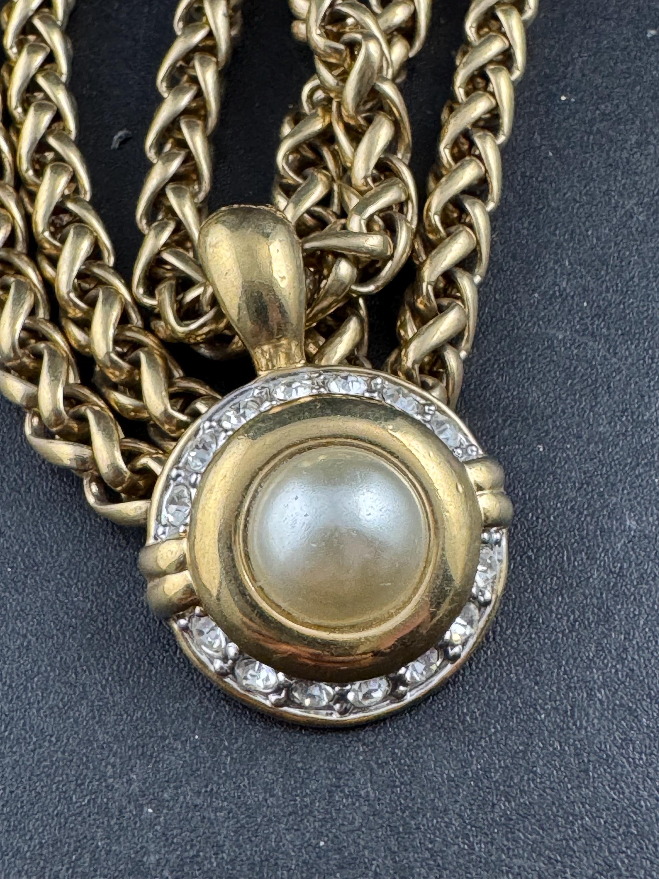 Vintage pearl crystal pendant on a wheat chain necklace, 5mm thick 46cm