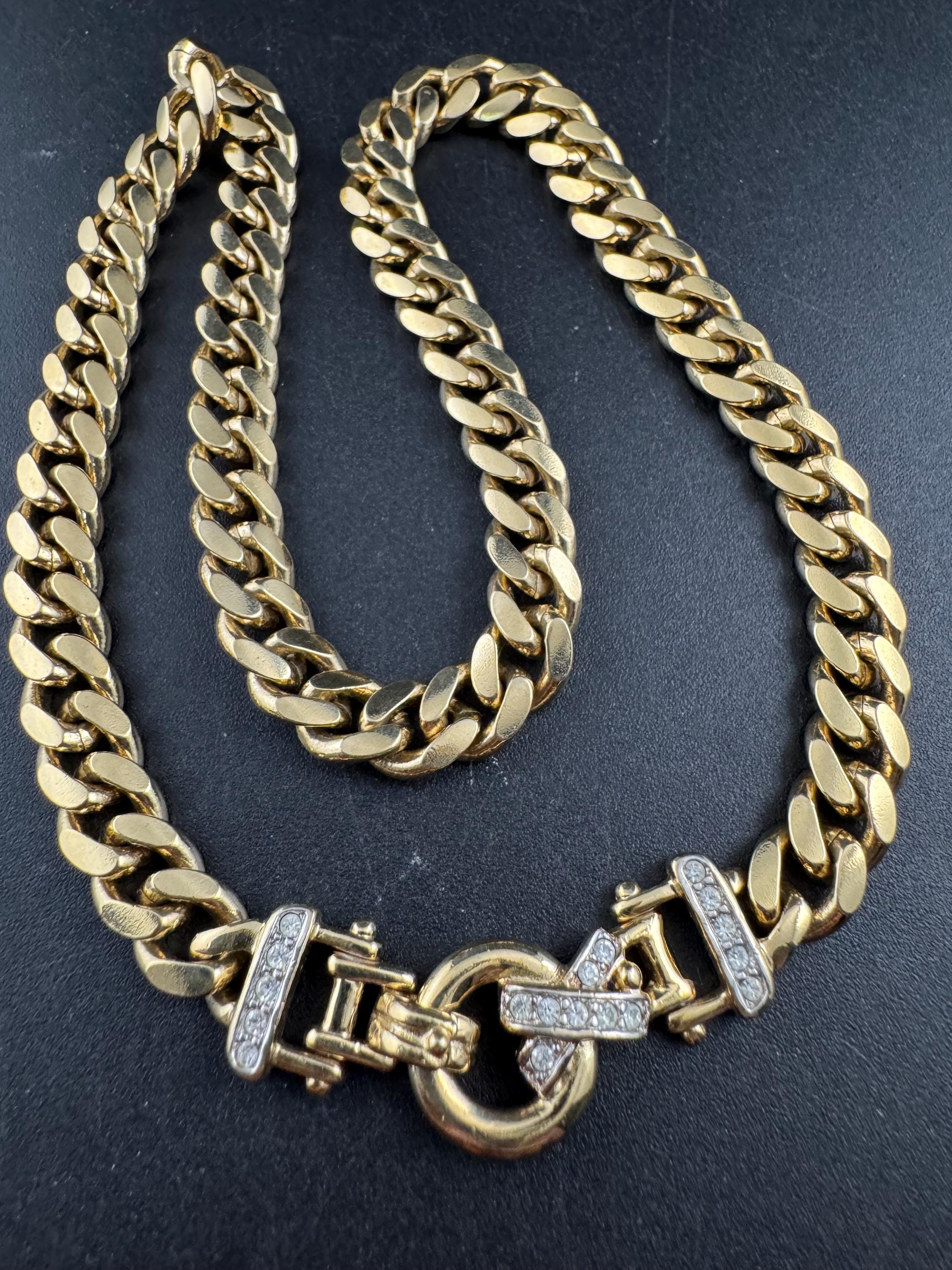 41cm chunky gold tone heavy curb chain choker necklace set with clear crystals