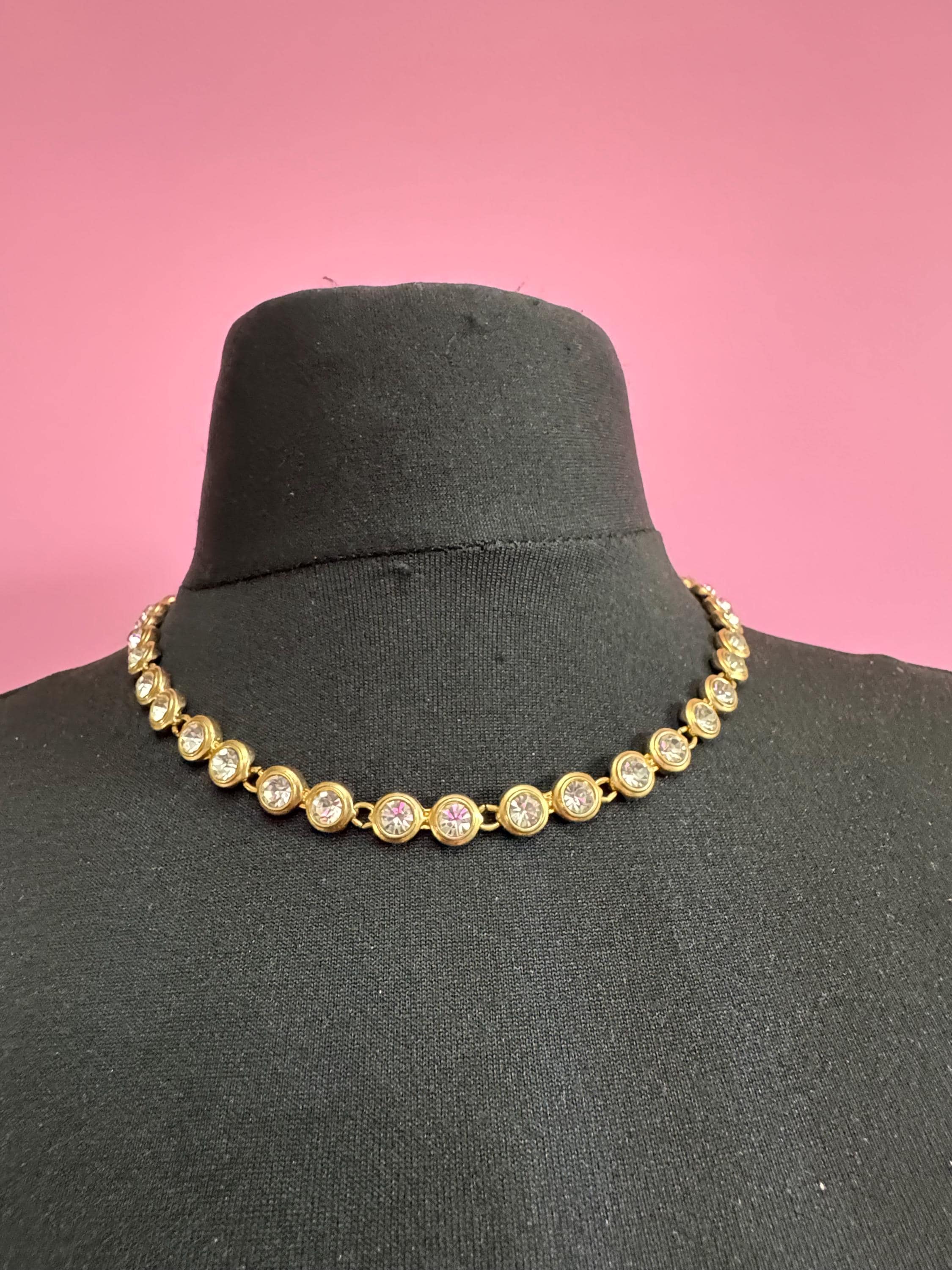 Retro bezel set clear crystal rivière necklace 46cm, gold tone diamanté