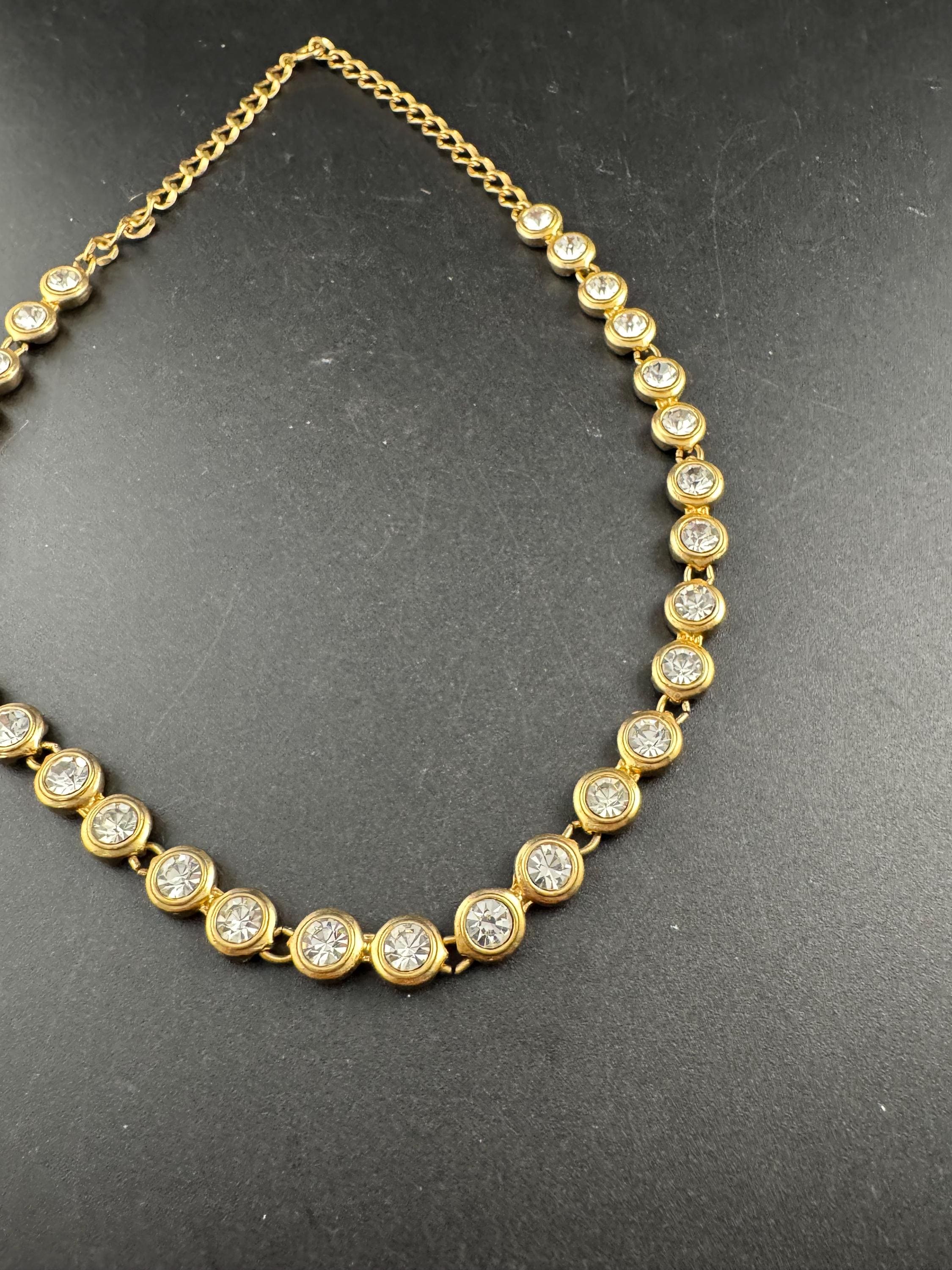 Retro bezel set clear crystal rivière necklace 46cm, gold tone diamanté