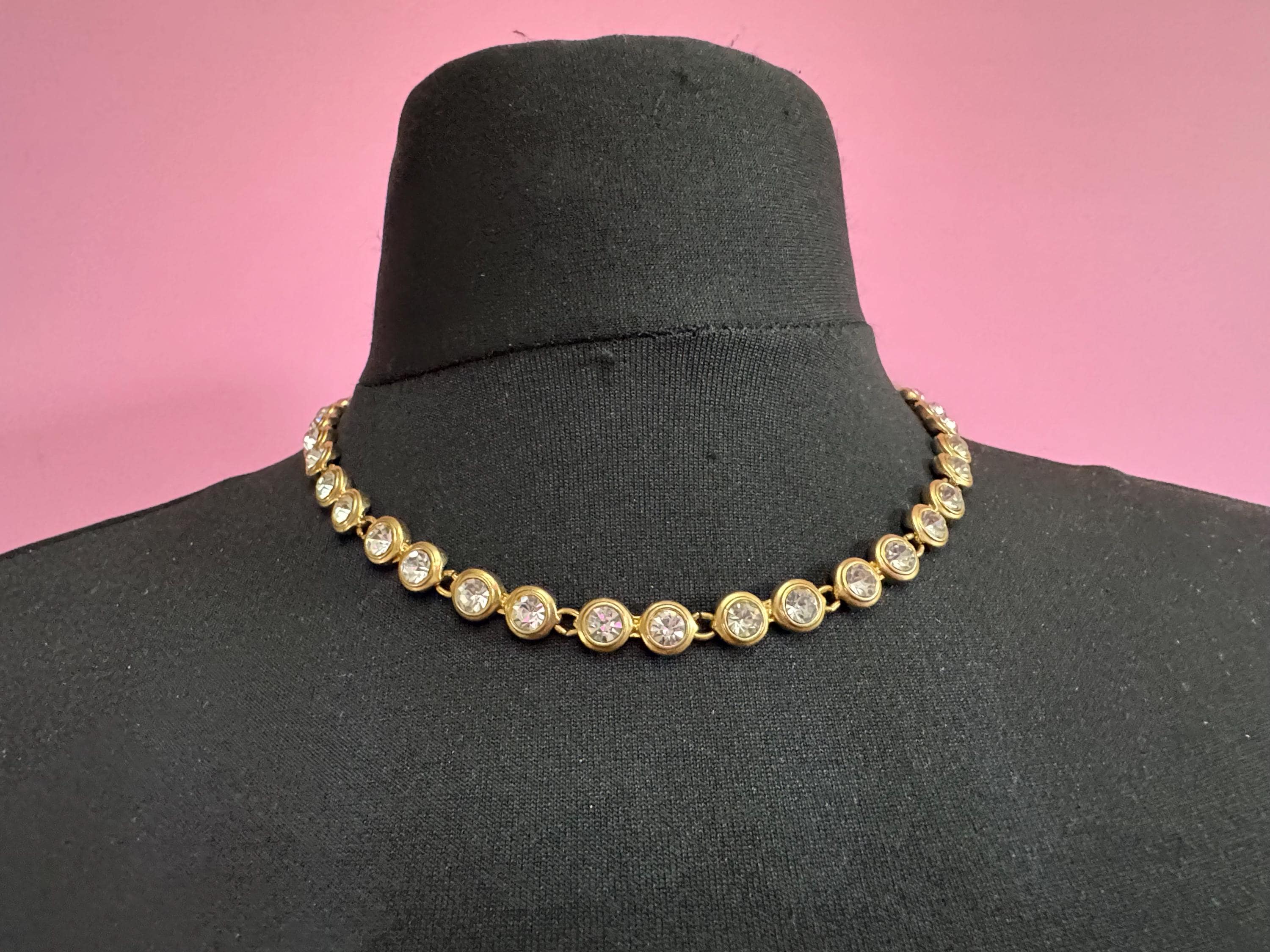 Retro bezel set clear crystal rivière necklace 46cm, gold tone diamanté