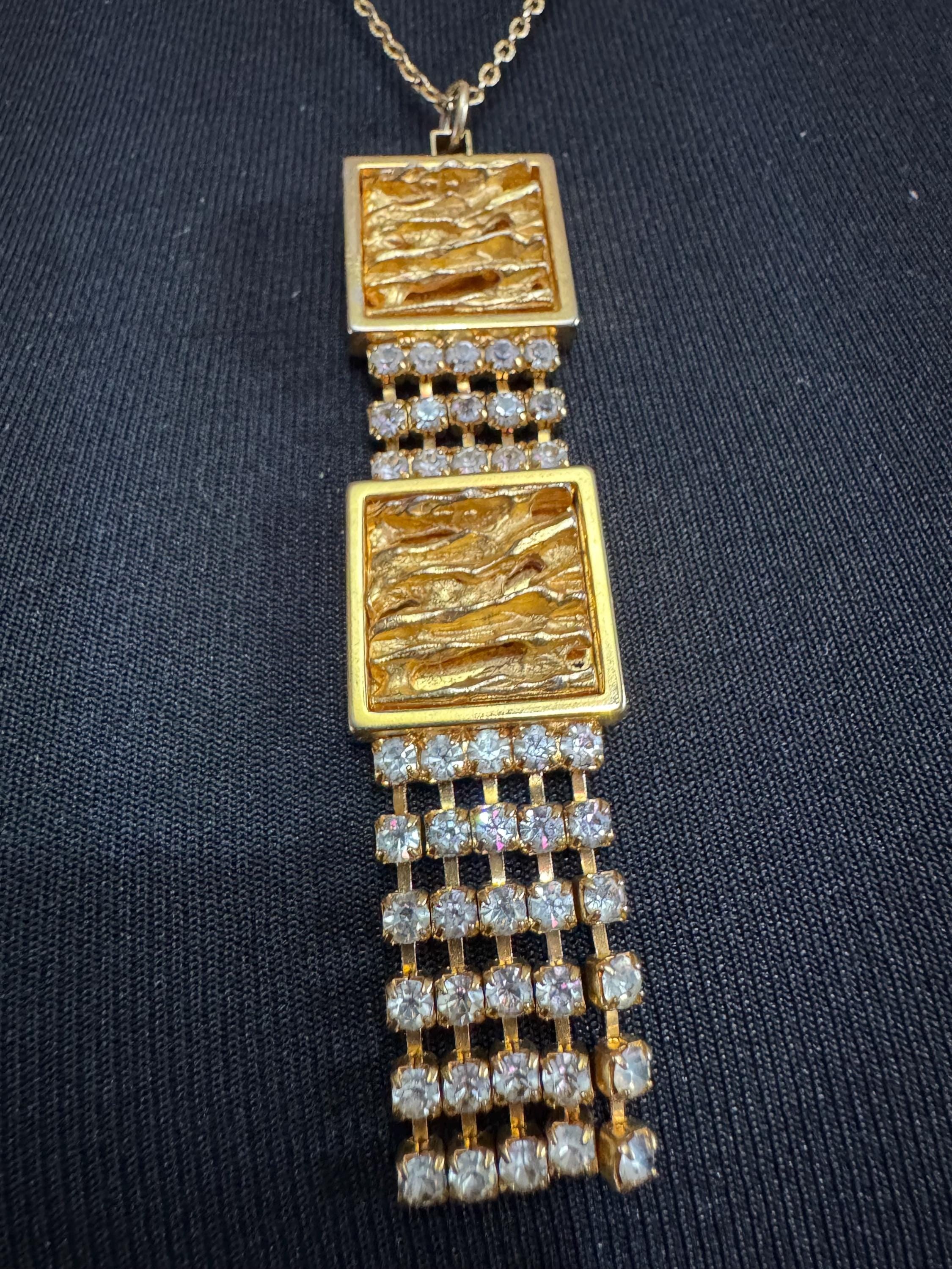 80s gold clear diamanté brutalist pendant chsin necklace 58cm
