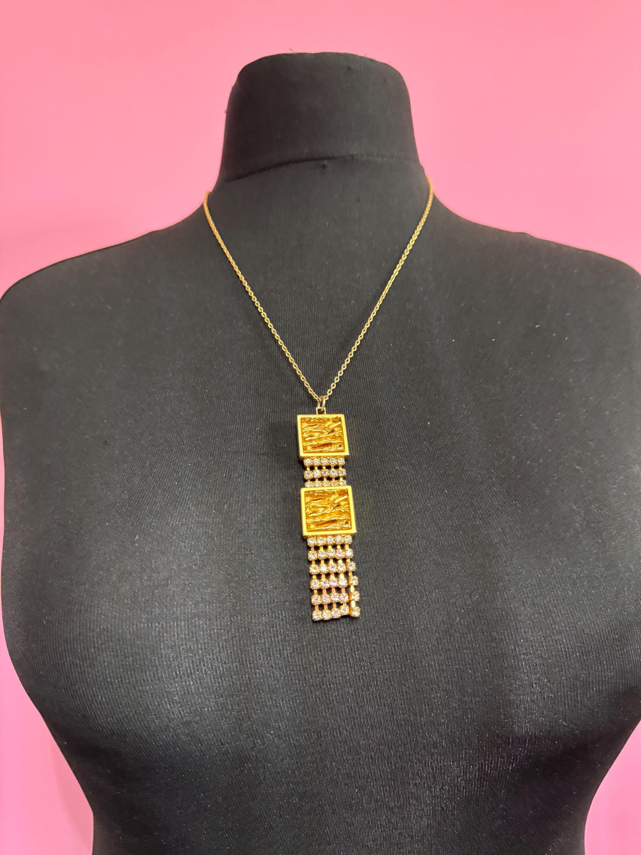 80s gold clear diamanté brutalist pendant chsin necklace 58cm