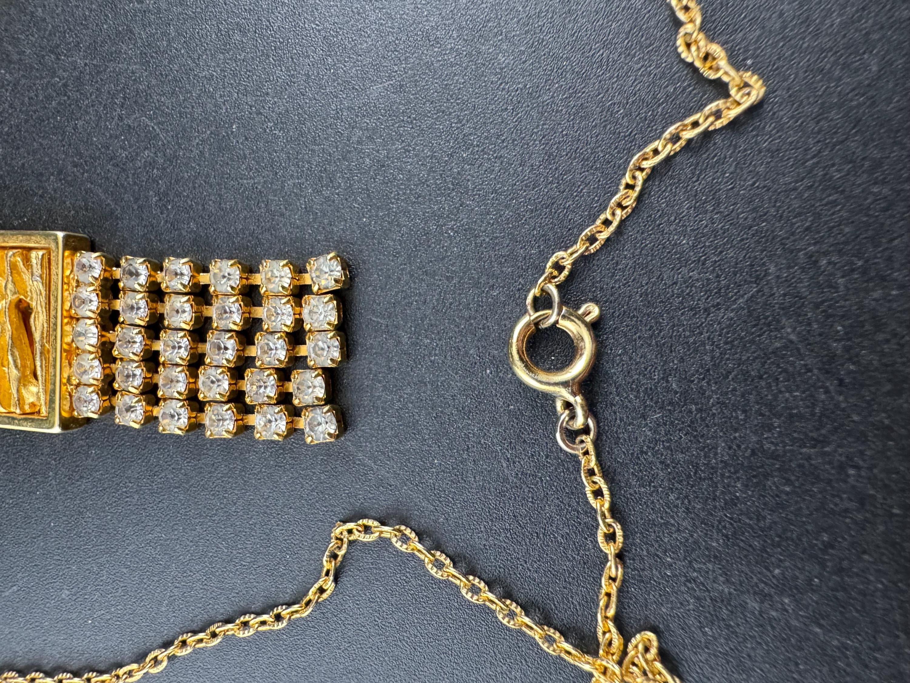 80s gold clear diamanté brutalist pendant chsin necklace 58cm