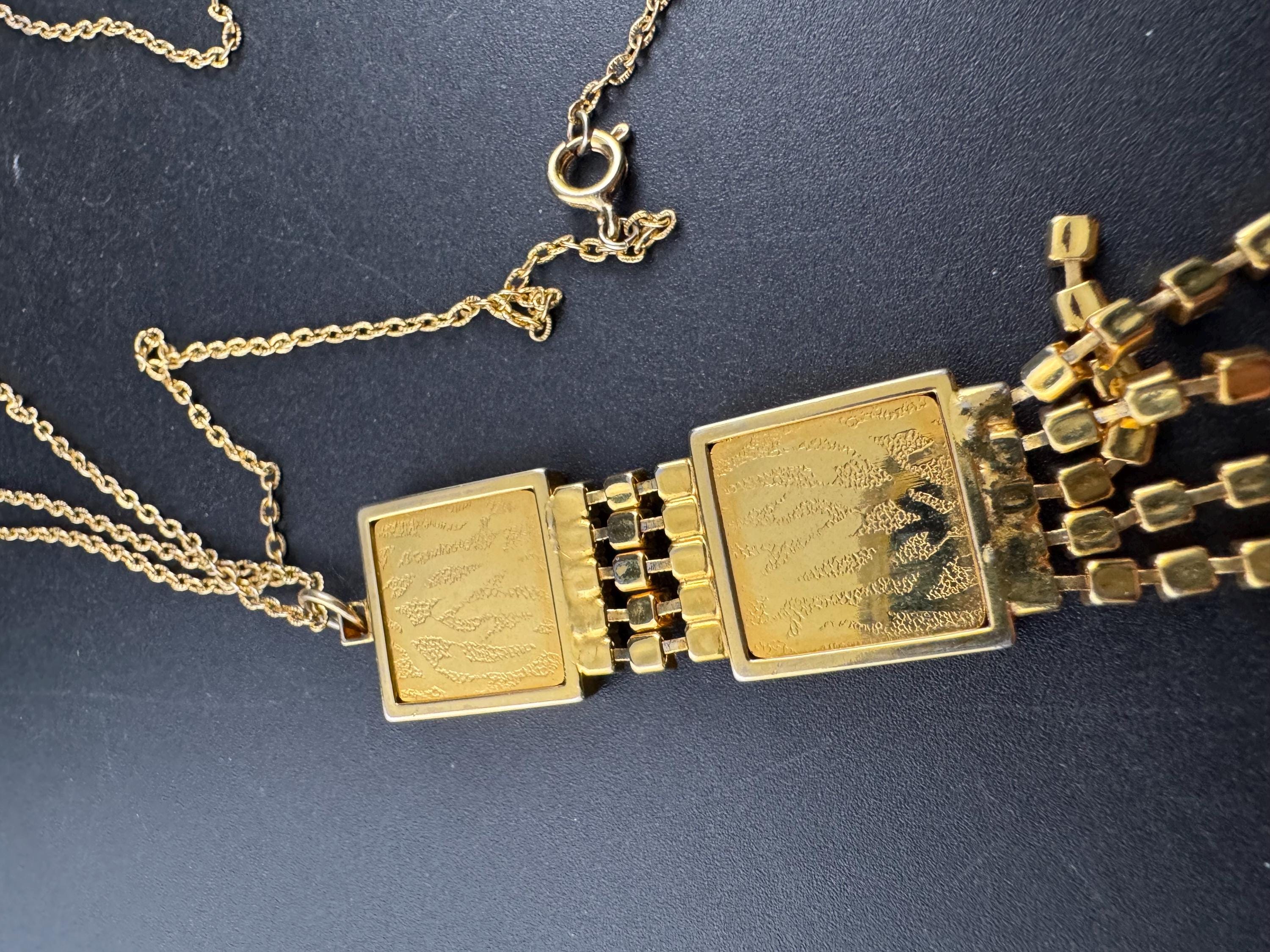 80s gold clear diamanté brutalist pendant chsin necklace 58cm