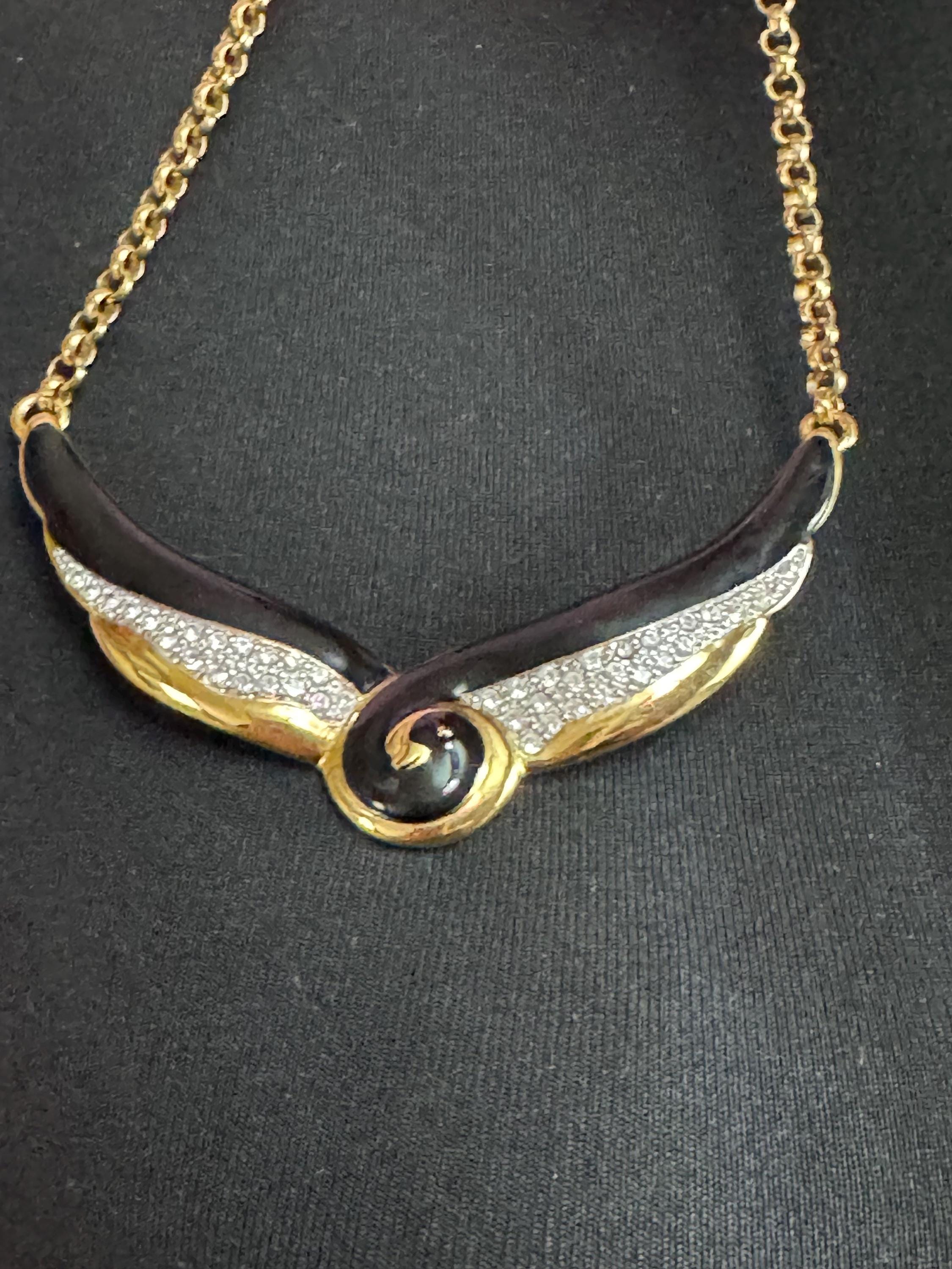 Retro 1980s black enamel diamanté necklace, gold tone chain